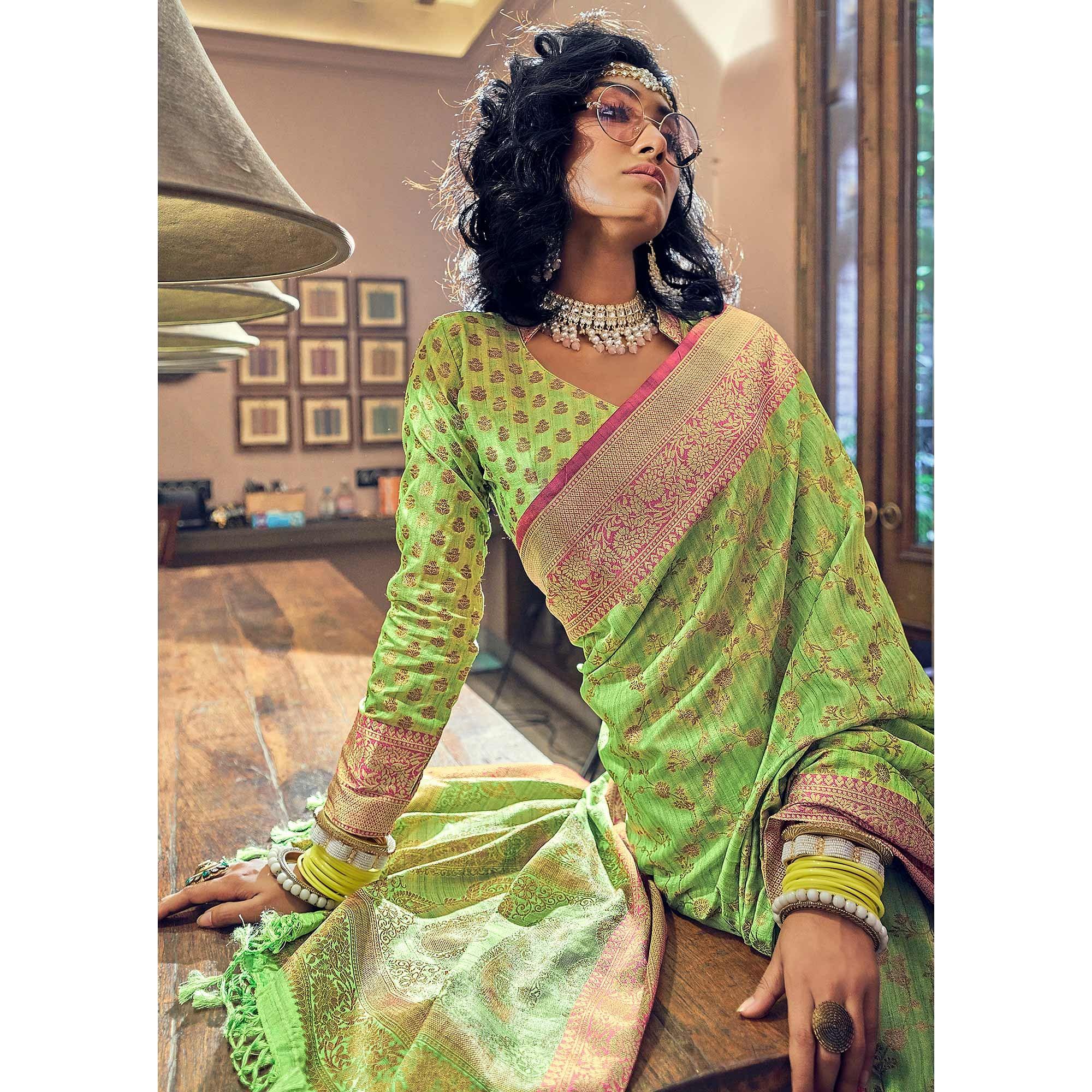 Green Woven Pure Silk Saree With Tassels - Peachmode