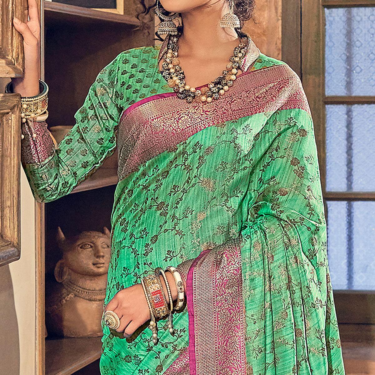 Green Woven Pure Silk Saree With Tassels - Peachmode