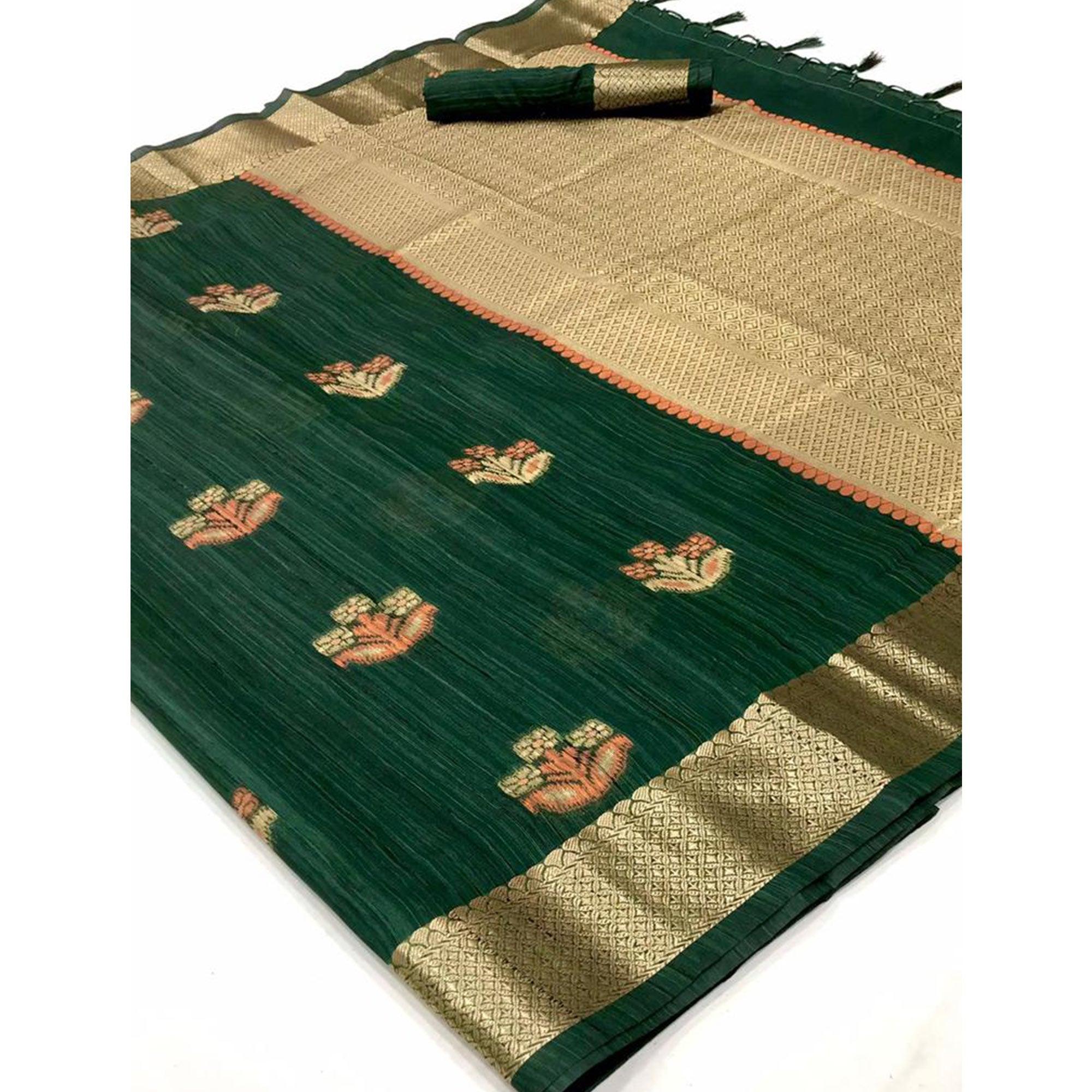 Green Woven Pure Silk Saree With Tassels - Peachmode