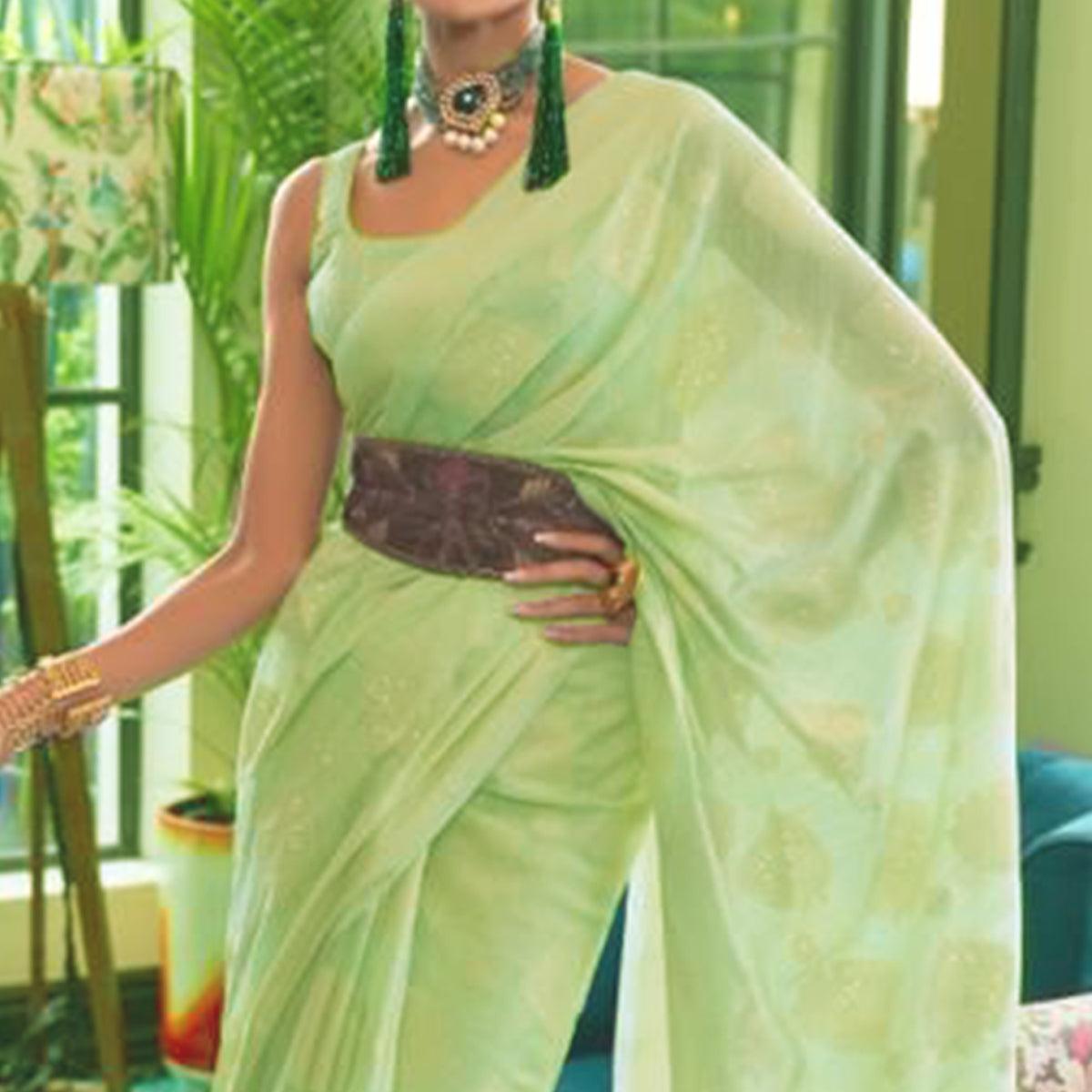 Green Woven-Sequence Handloom Silk Saree - Peachmode