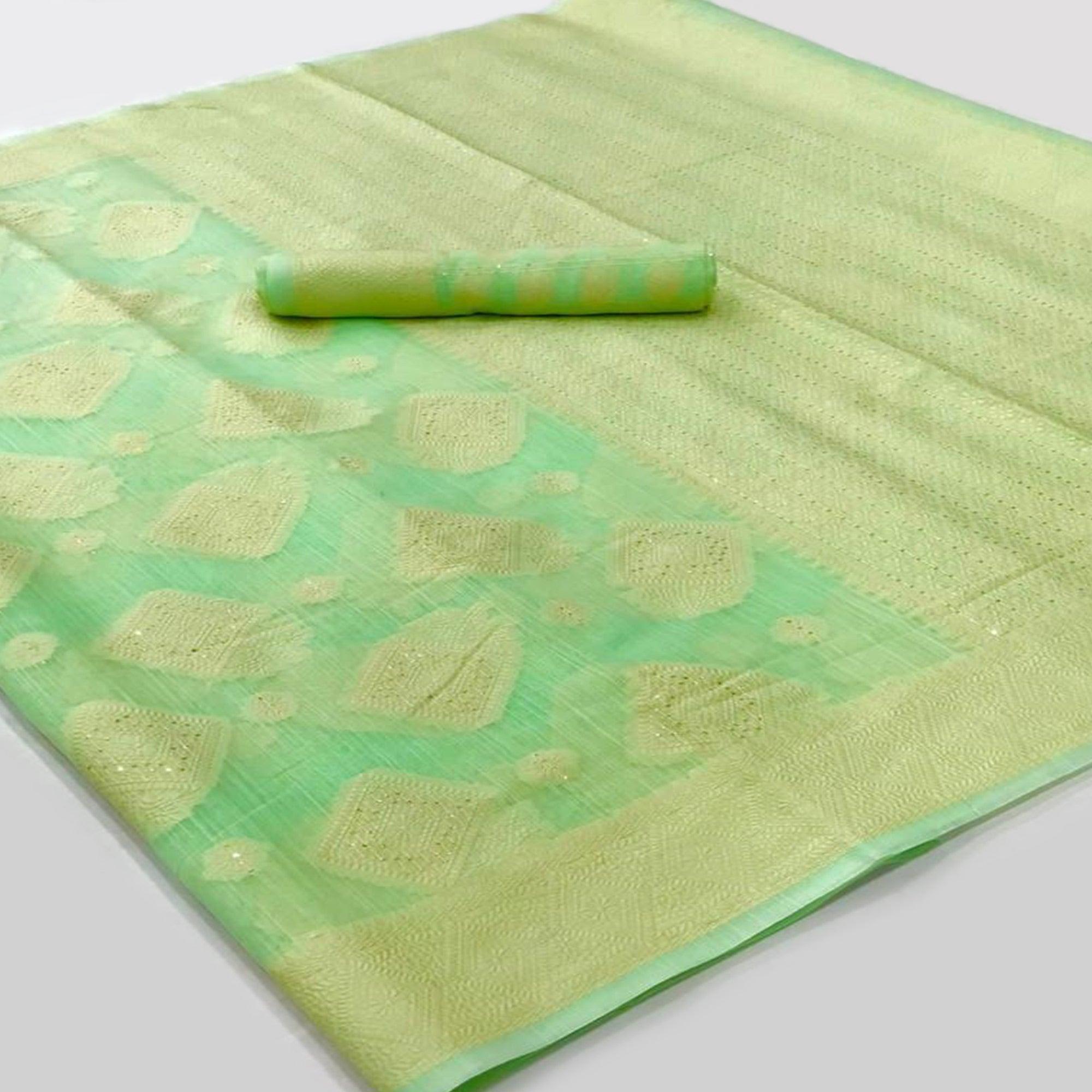 Green Woven-Sequence Handloom Silk Saree - Peachmode