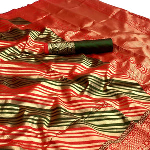 Green Woven Silk Saree - Peachmode