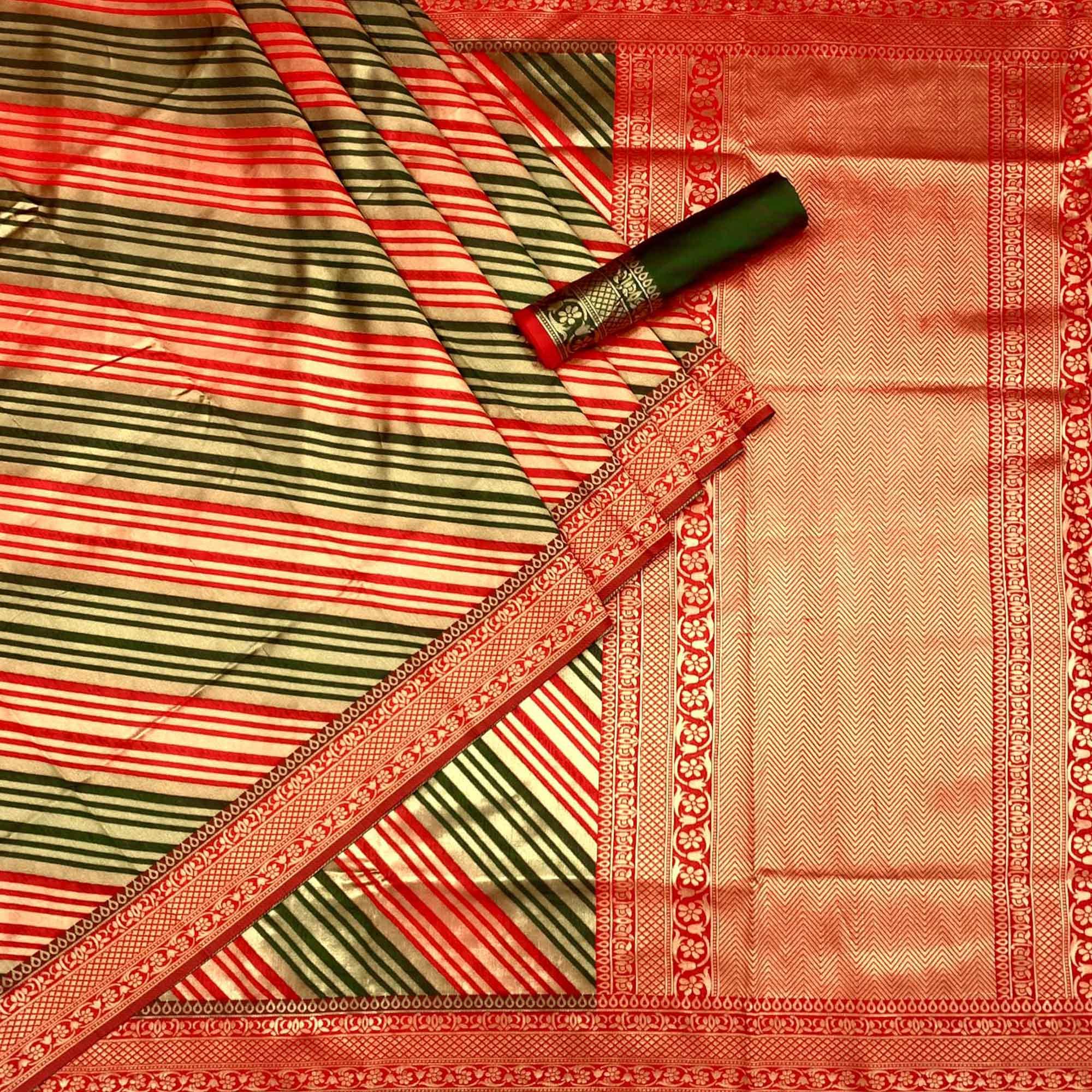 Green Woven Silk Saree - Peachmode