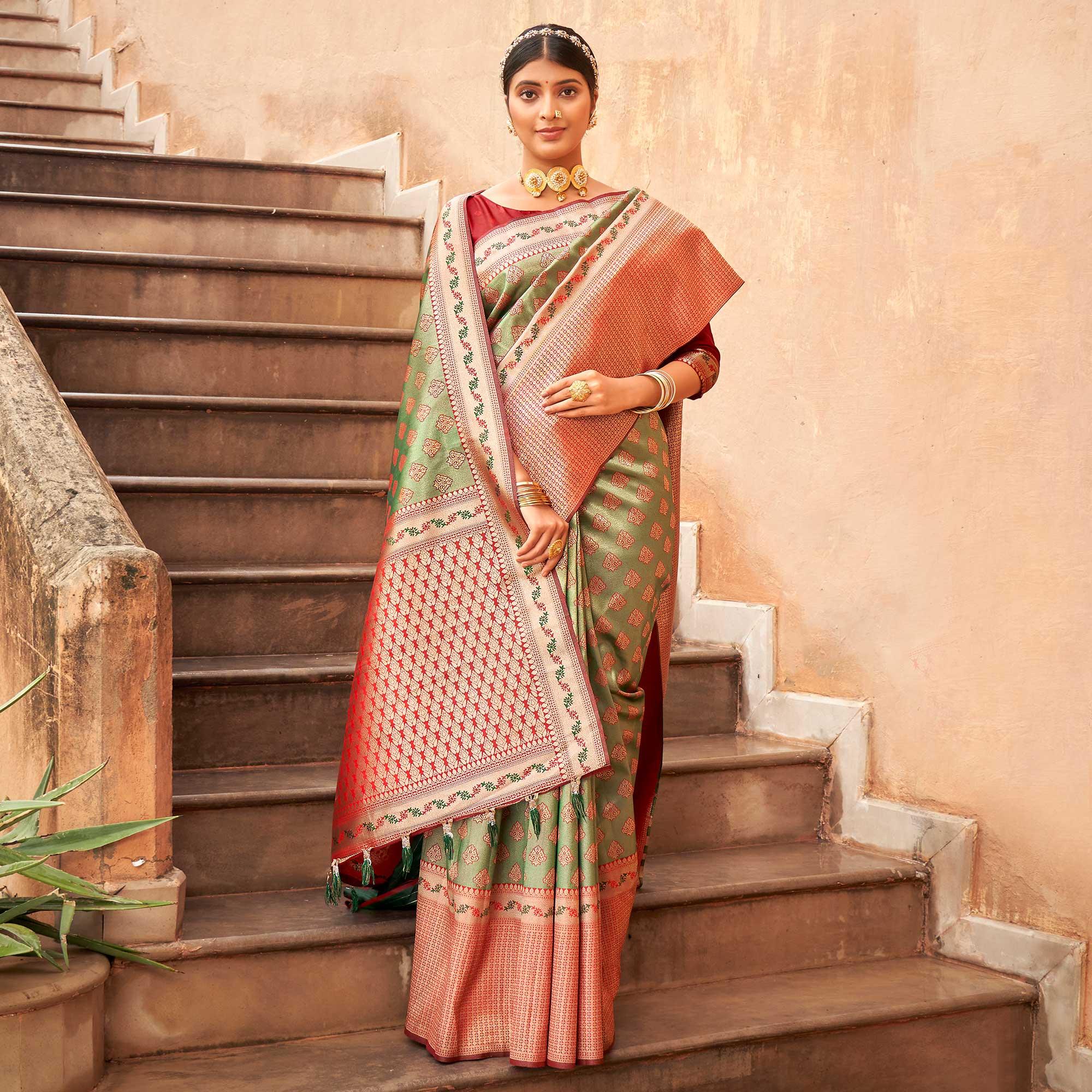 Green Woven Silk Saree With Tassels - Peachmode