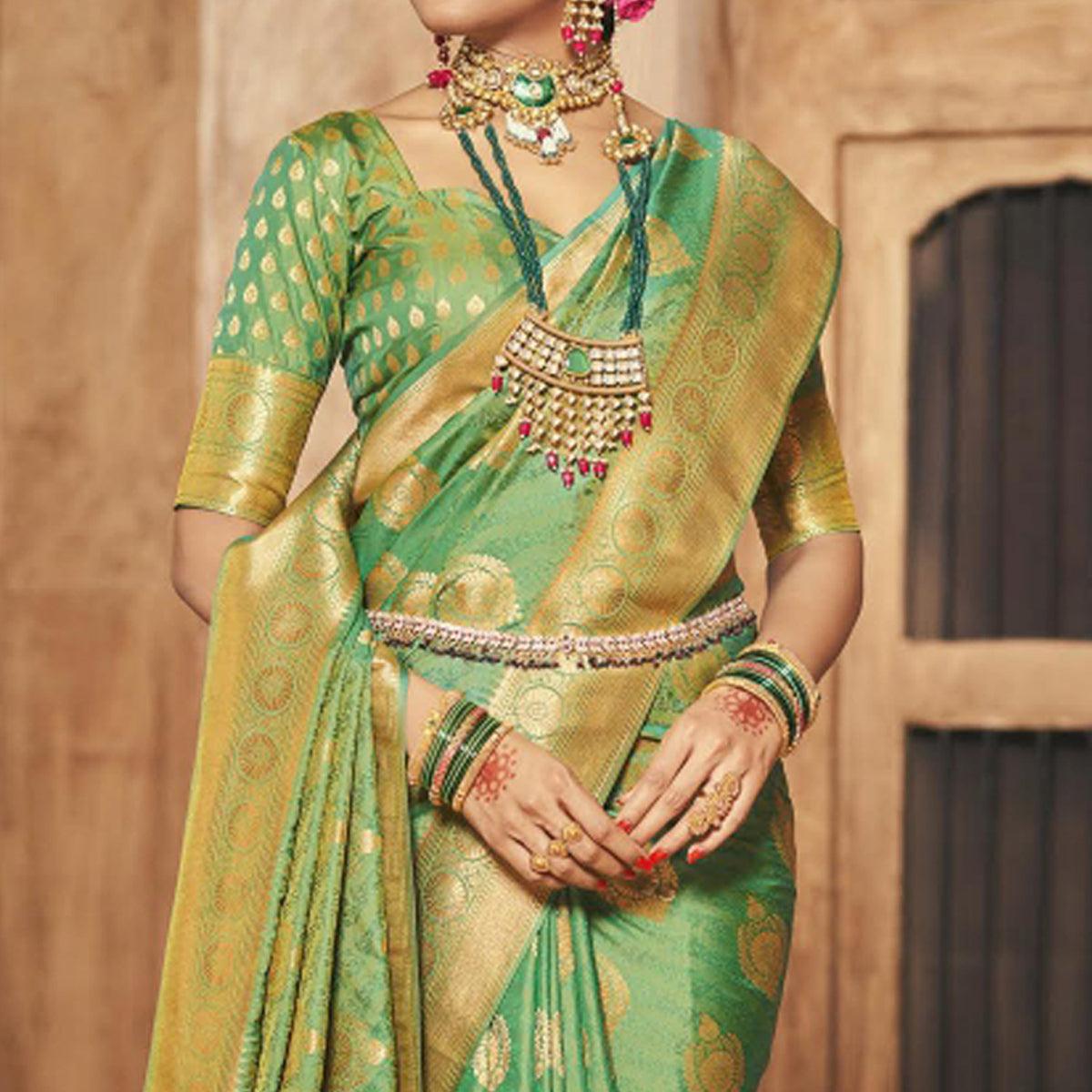 Green Woven Silk Saree With Tassels - Peachmode