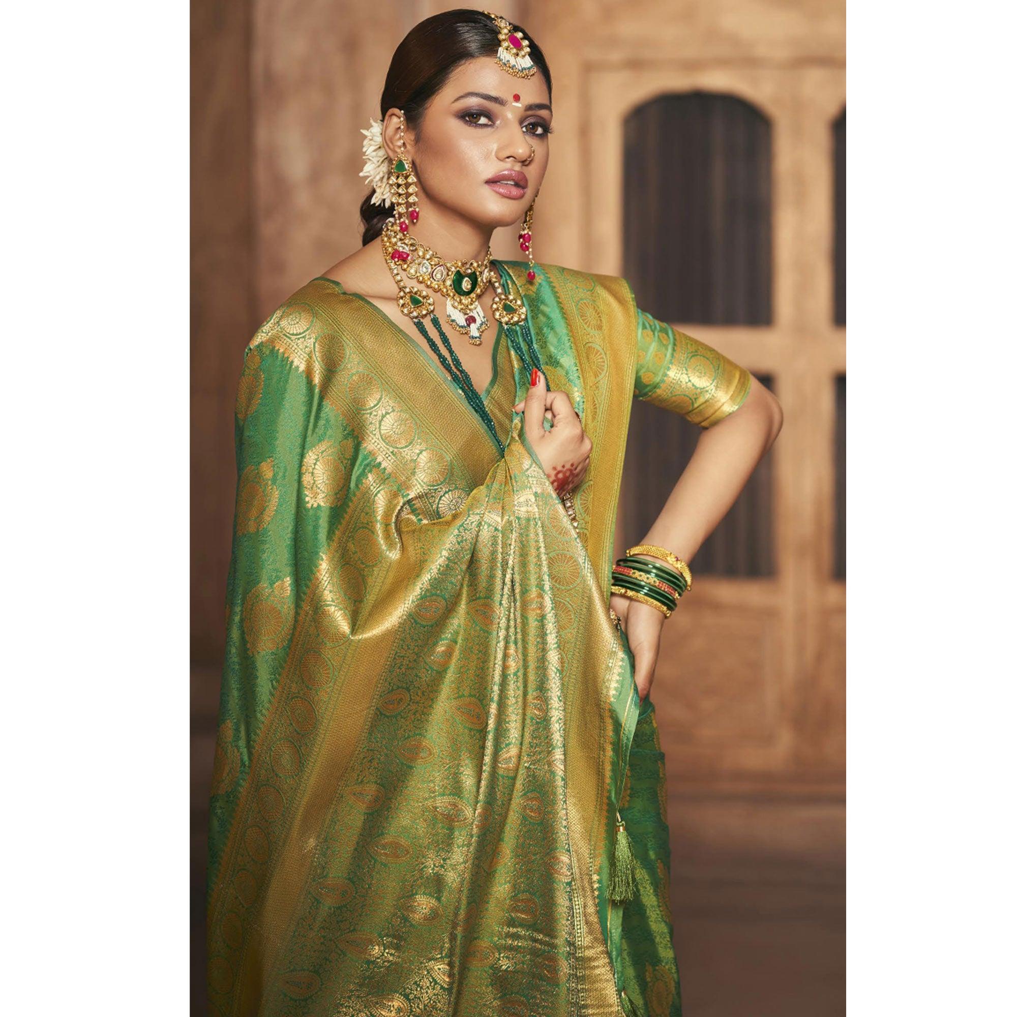 Green Woven Silk Saree With Tassels - Peachmode