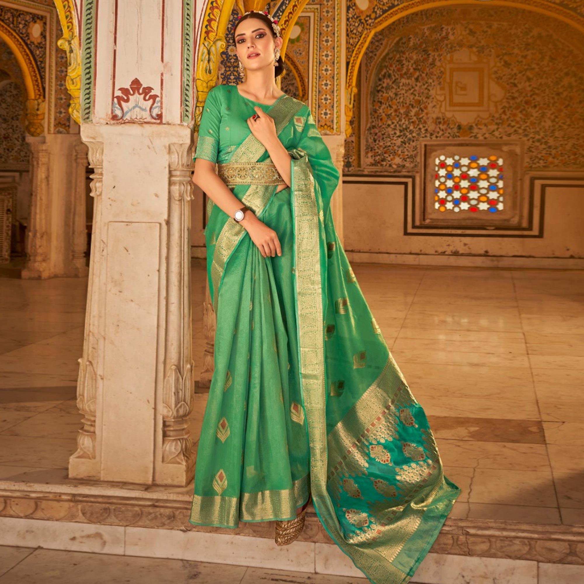 Green Woven Tissue Silk Saree - Peachmode