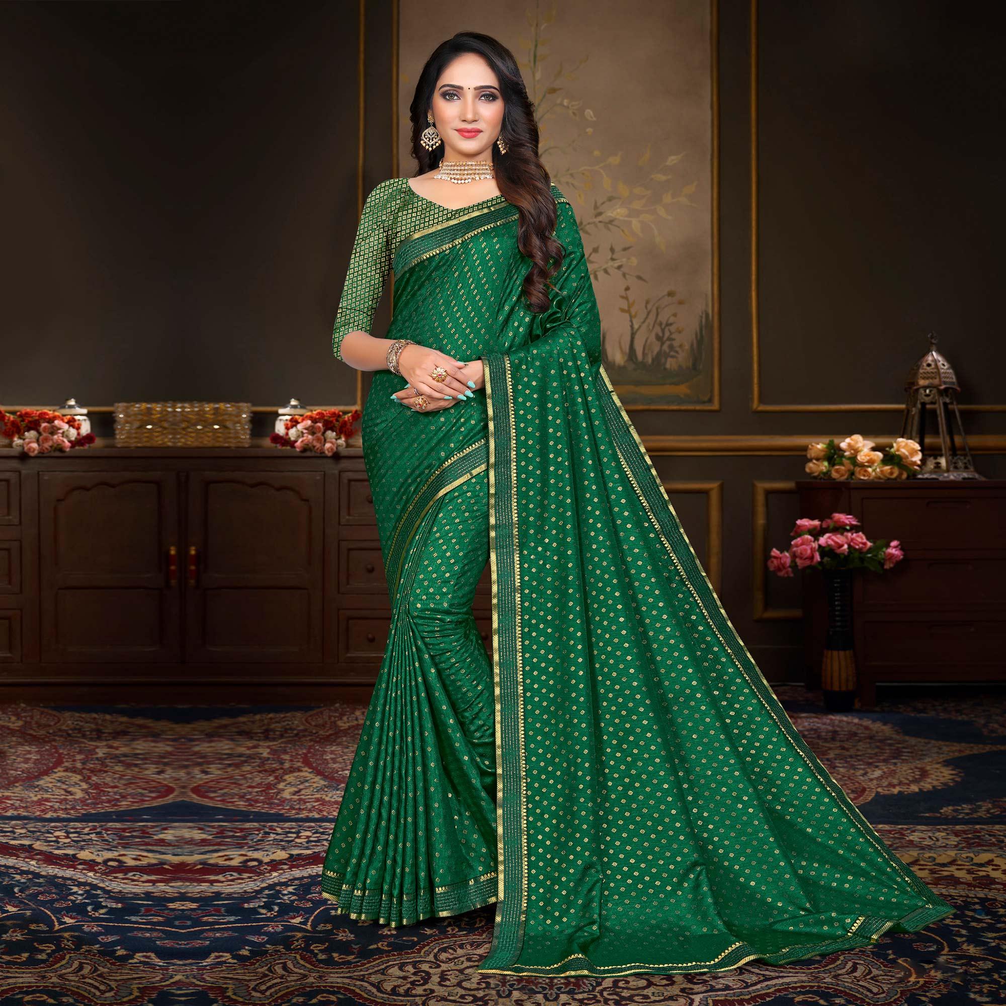 Green Woven Vichitra Silk Saree - Peachmode