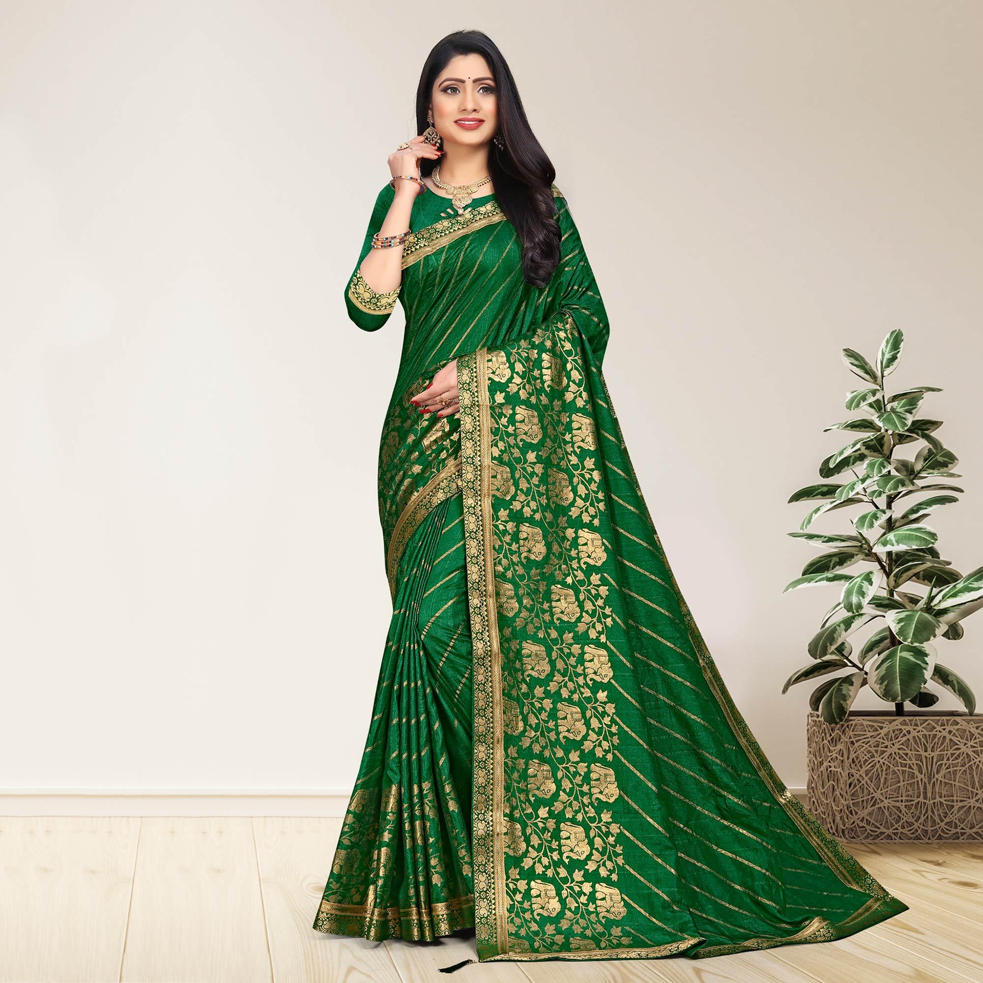 Green Woven Vichitra Silk Saree - Peachmode