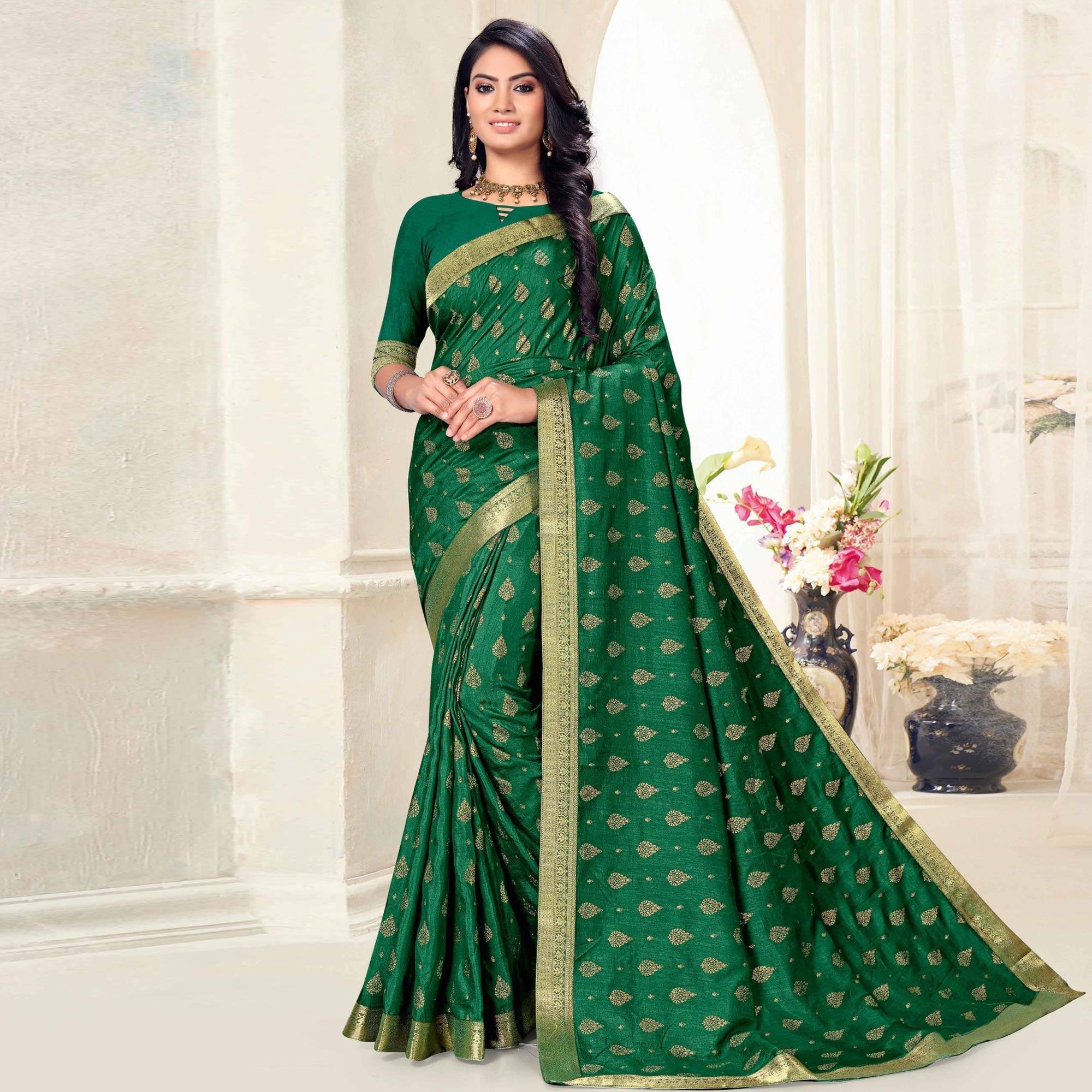 Green Woven Vichitra Silk Saree - Peachmode