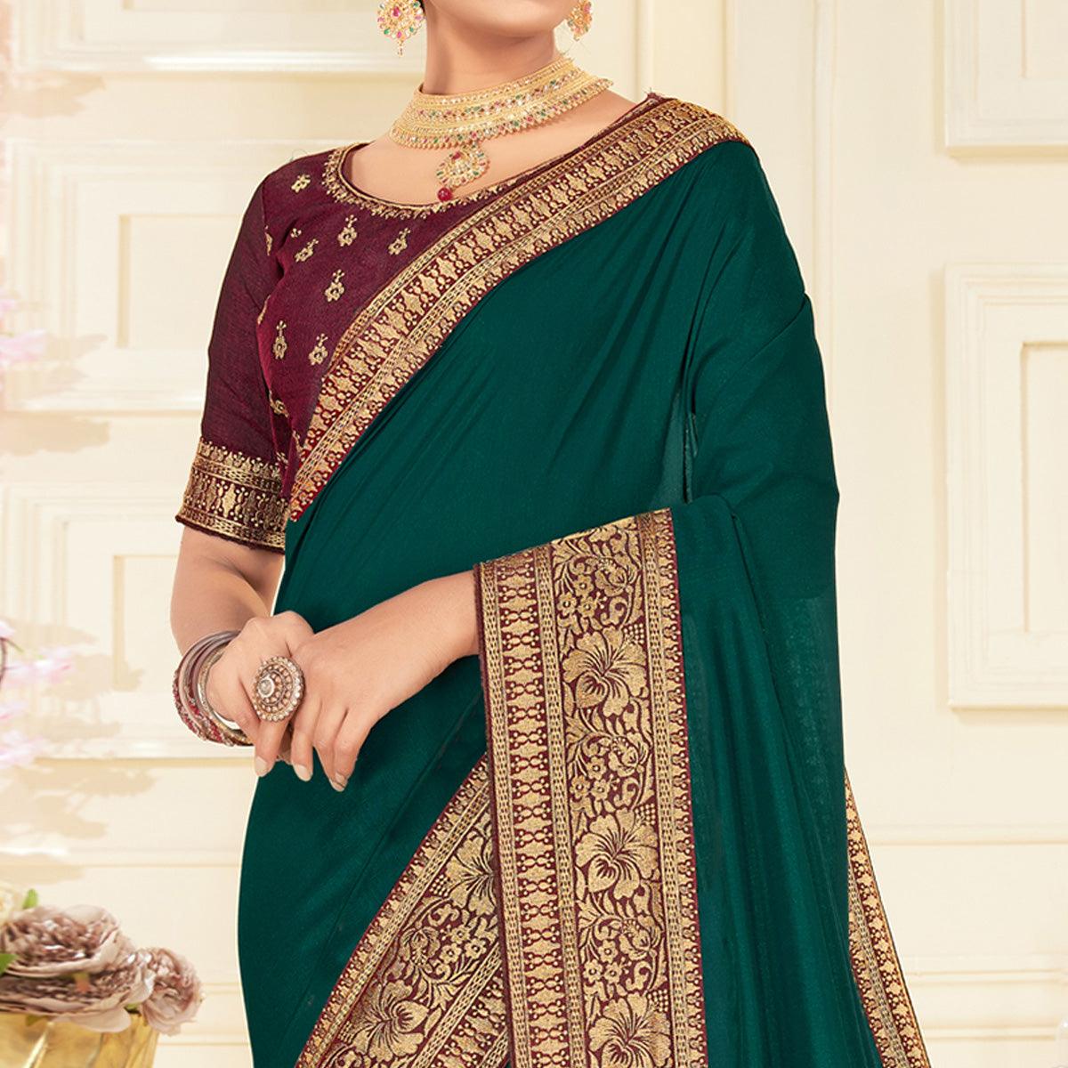 Green Woven Vichitra Silk Saree - Peachmode