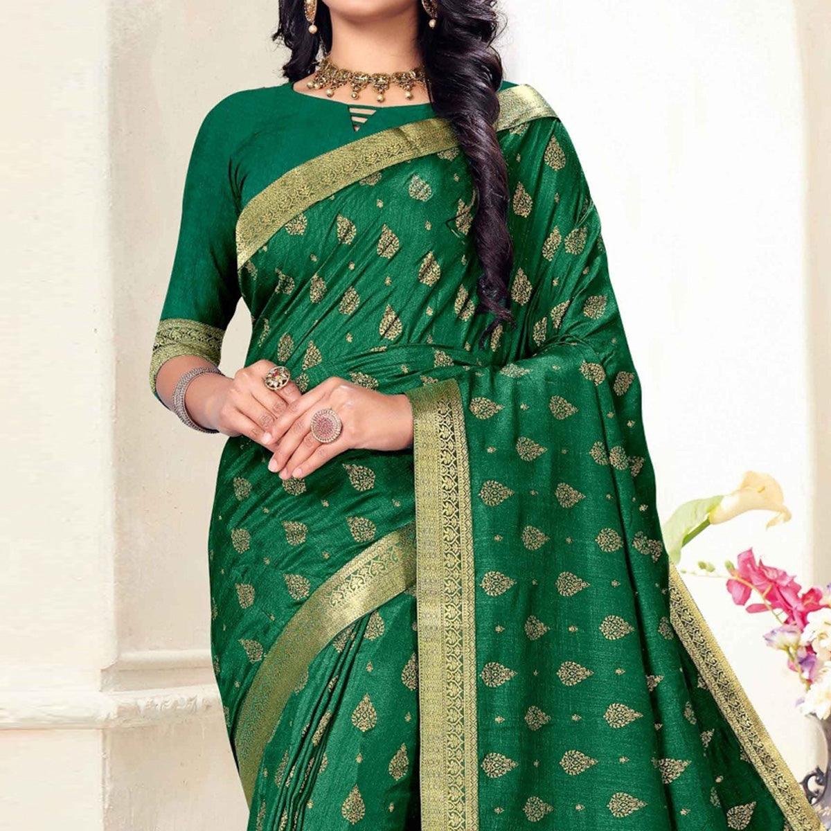 Green Woven Vichitra Silk Saree - Peachmode