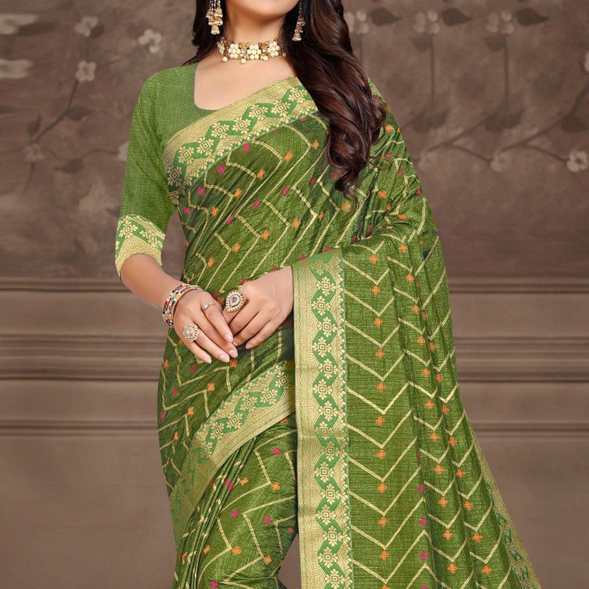 Green Woven Vichitra Silk Saree - Peachmode