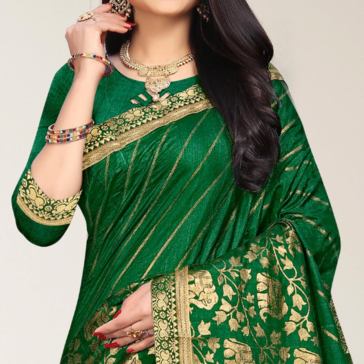 Green Woven Vichitra Silk Saree - Peachmode