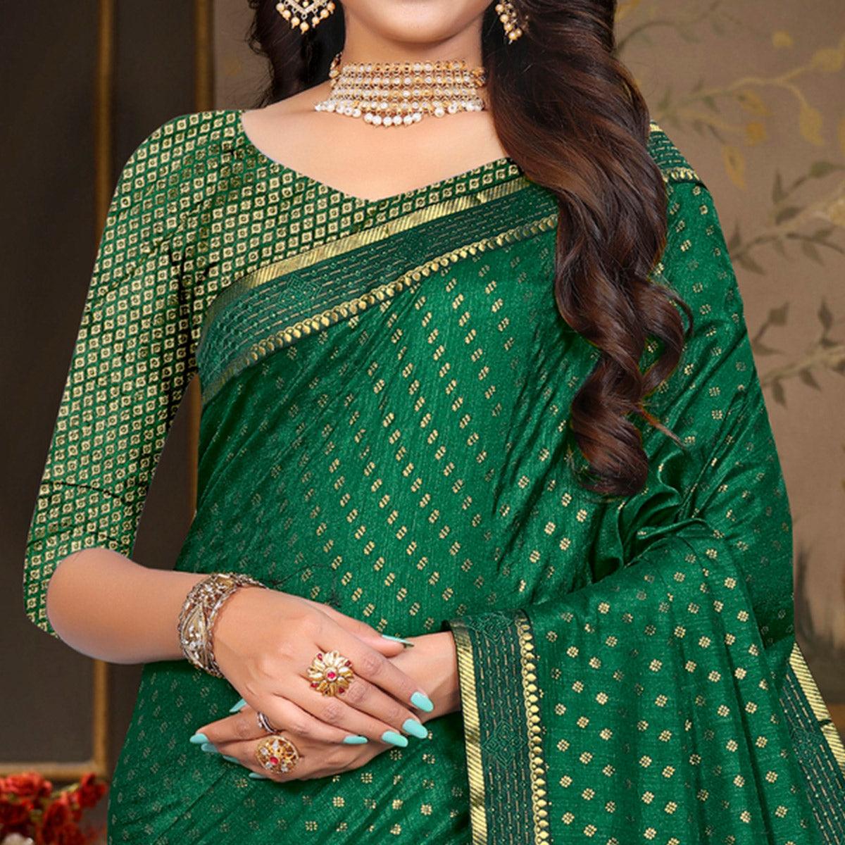 Green Woven Vichitra Silk Saree - Peachmode