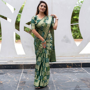 Green Woven With Bandhani Printed Art Silk Saree - Peachmode