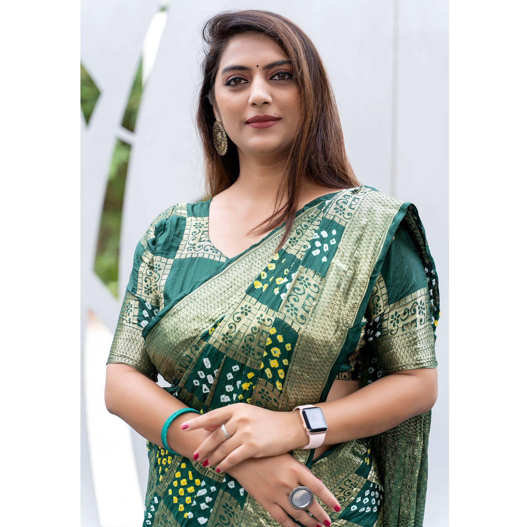 Green Woven With Bandhani Printed Art Silk Saree - Peachmode