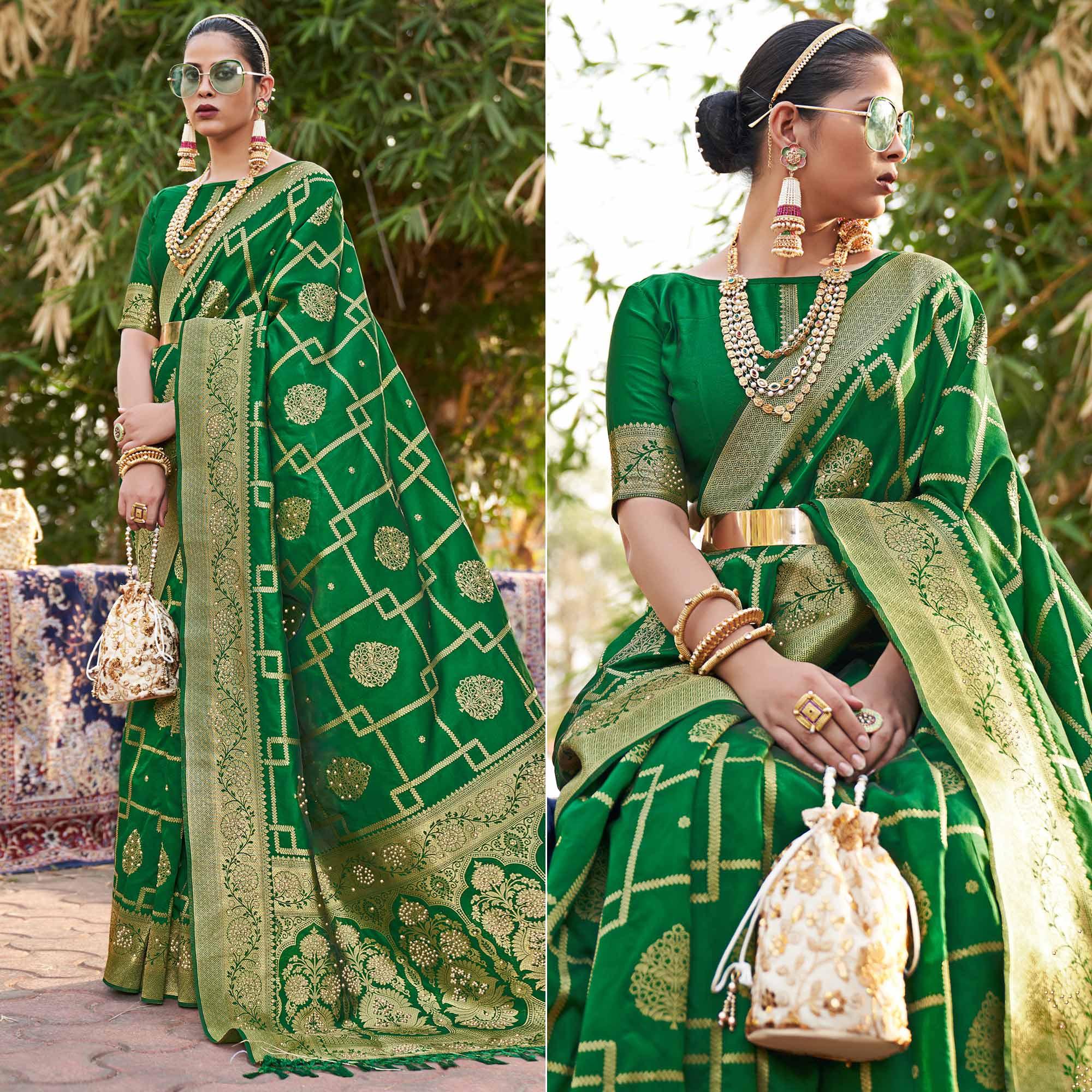 Green Woven With Embellished Art Silk Saree With Tassels - Peachmode