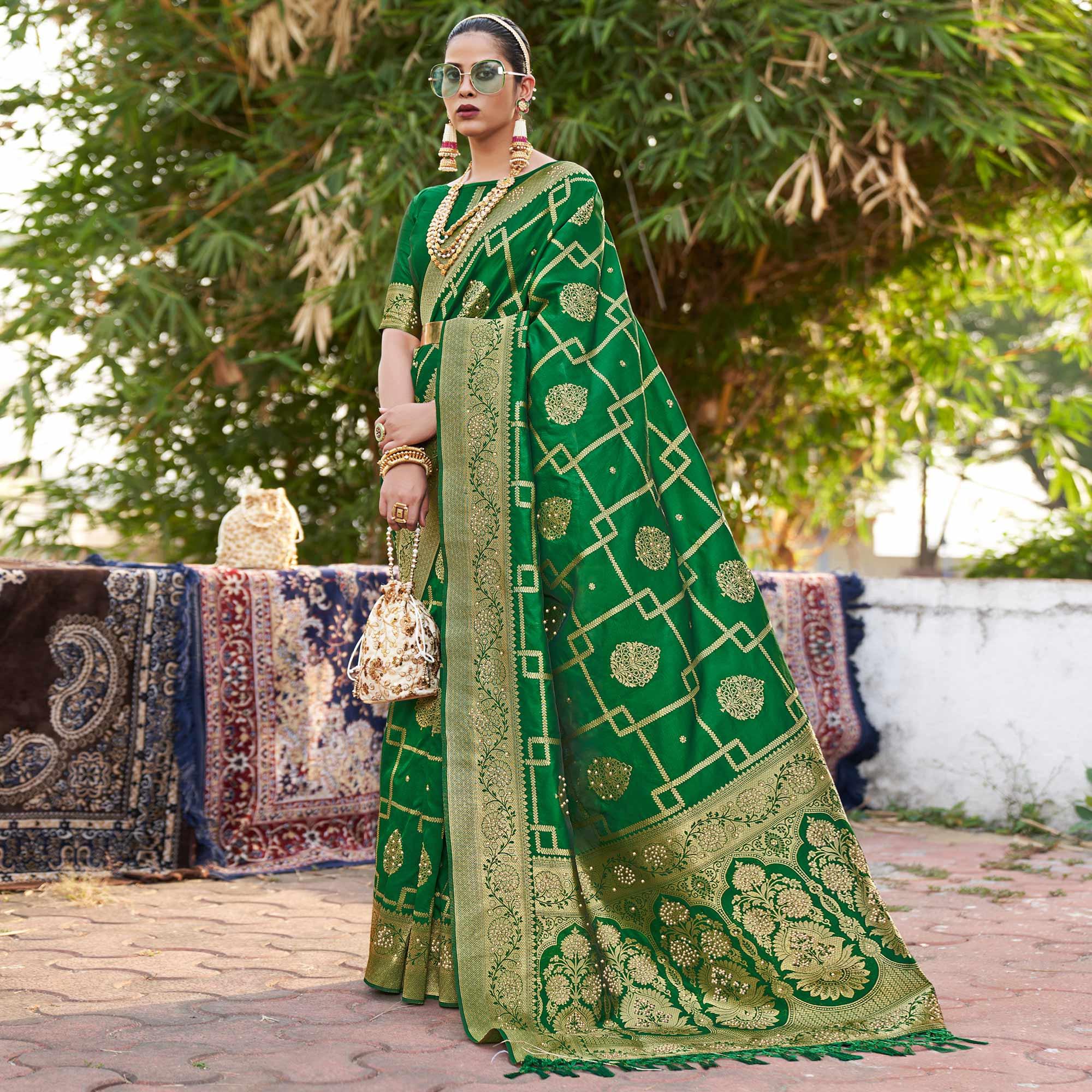 Green Woven With Embellished Art Silk Saree With Tassels - Peachmode