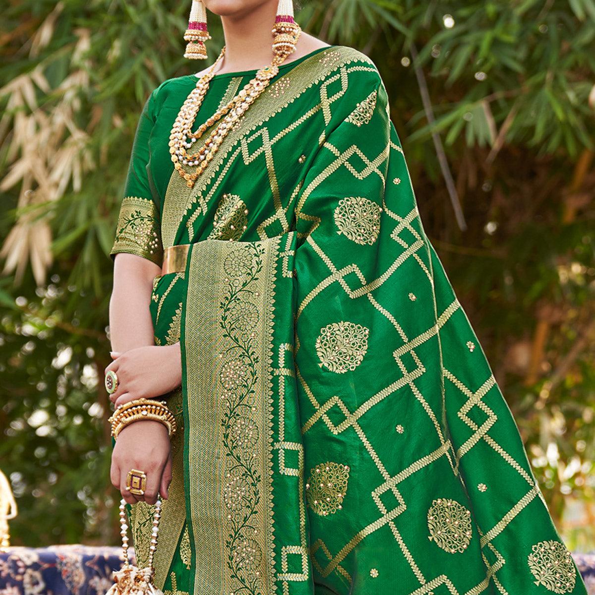 Green Woven With Embellished Art Silk Saree With Tassels - Peachmode