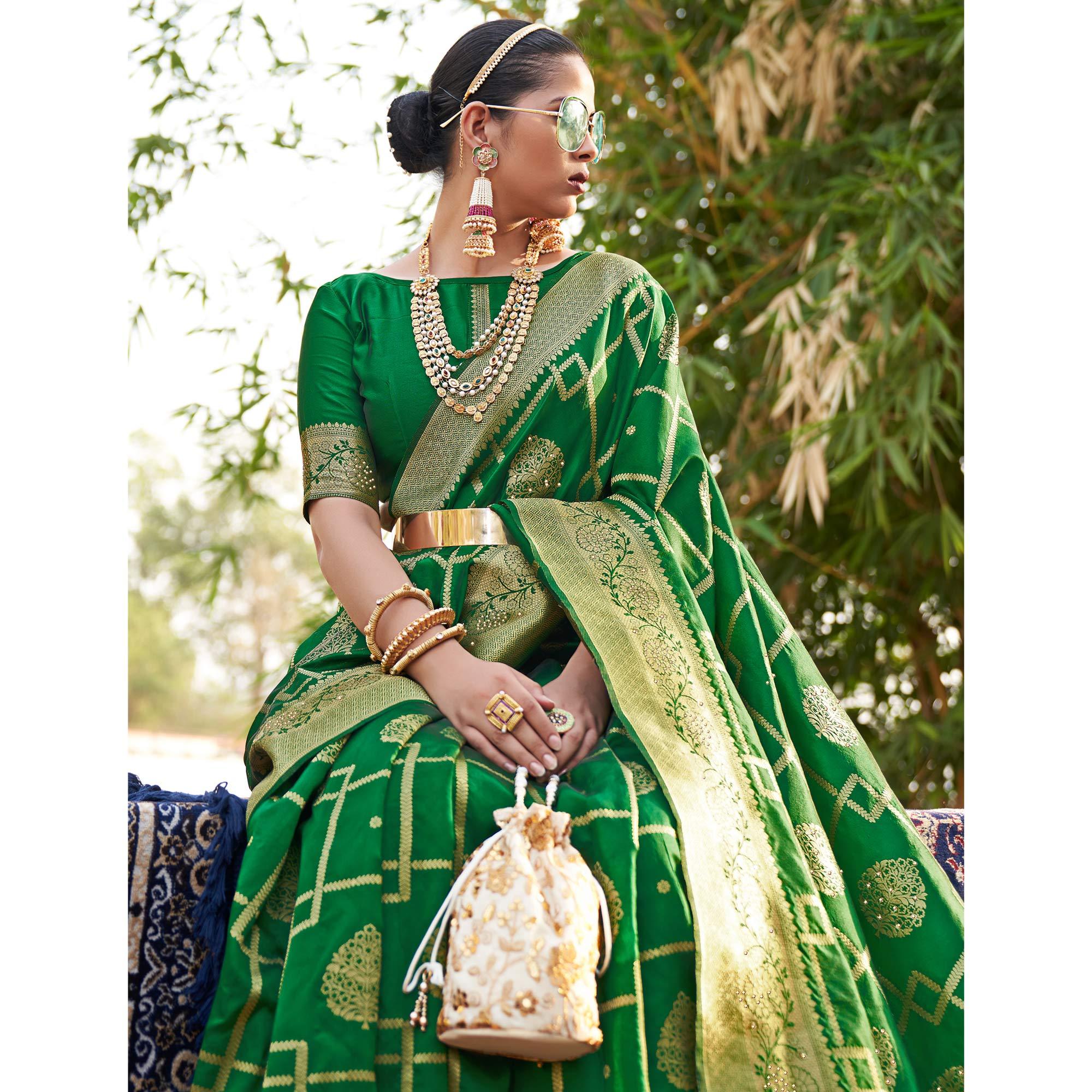 Green Woven With Embellished Art Silk Saree With Tassels - Peachmode