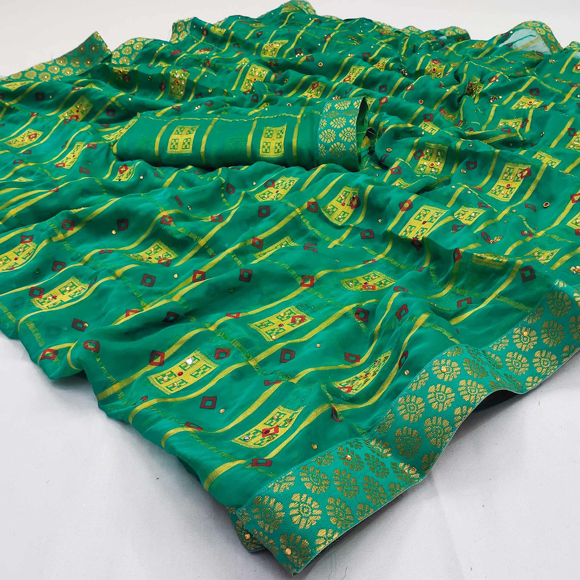 Green Woven With Embellished Chiffon Saree - Peachmode