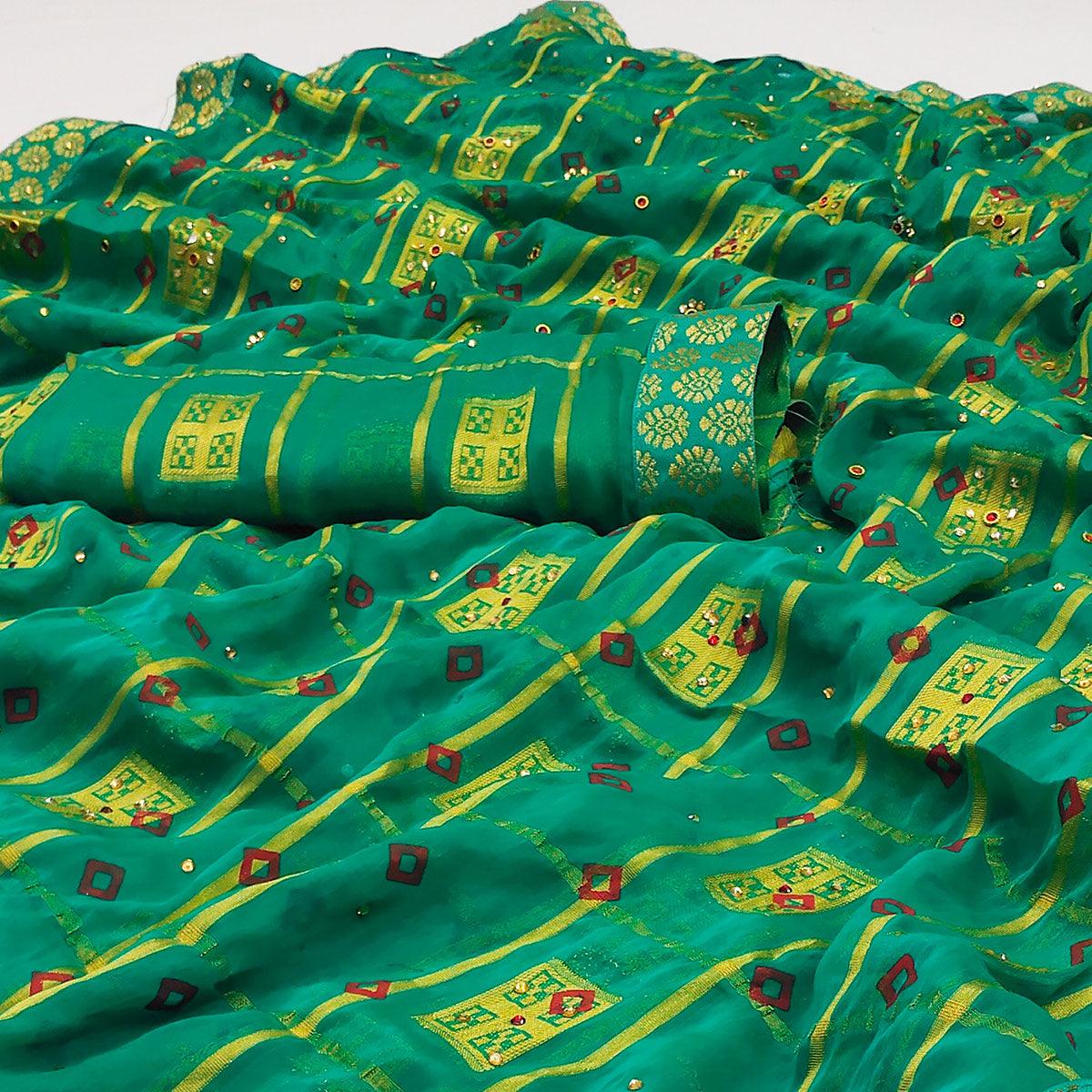 Green Woven With Embellished Chiffon Saree - Peachmode