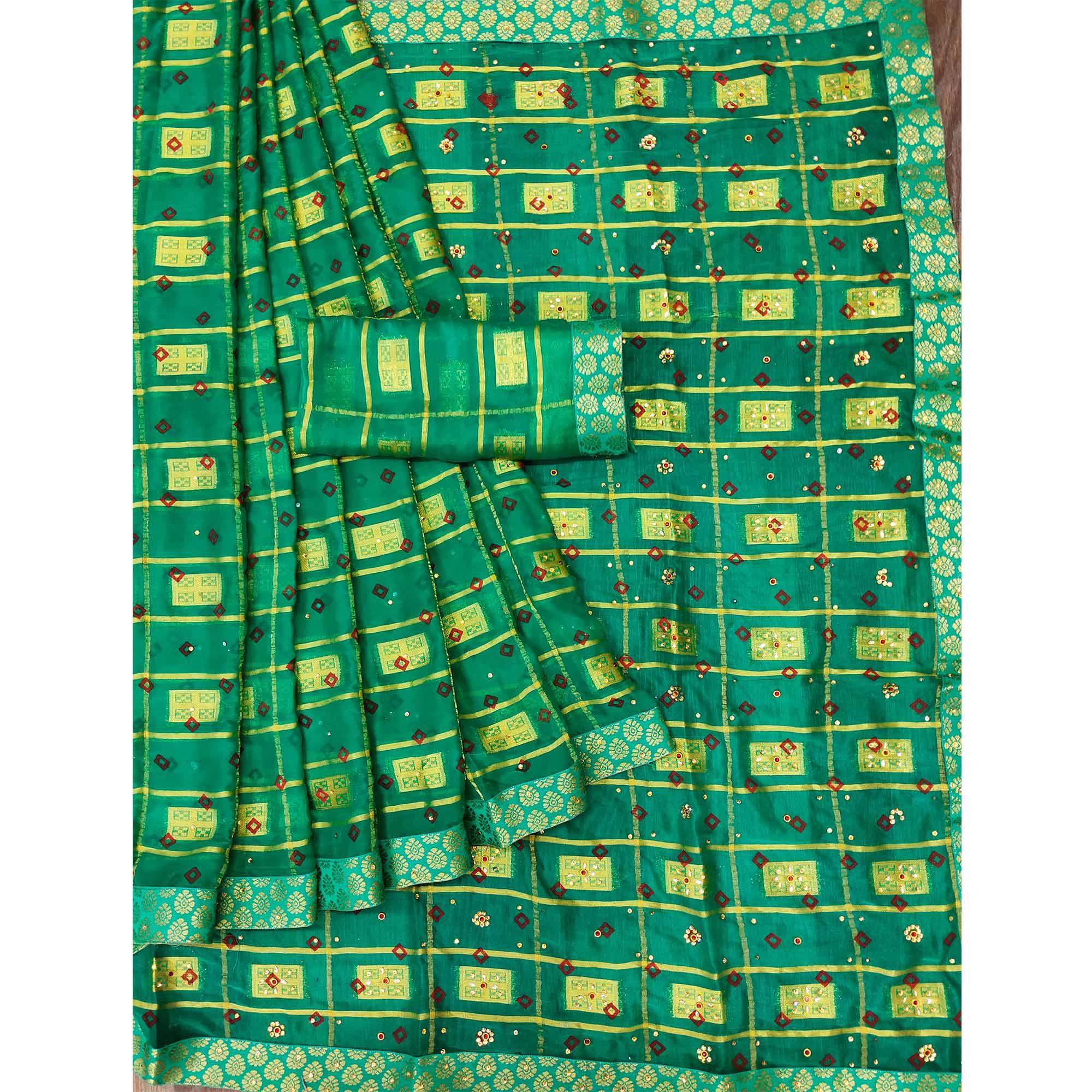 Green Woven With Embellished Chiffon Saree - Peachmode