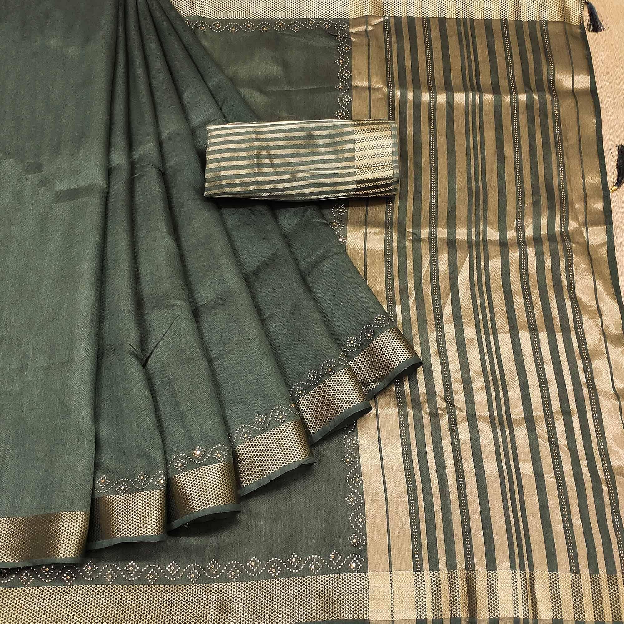 Green Woven With Embellished Cotton Saree - Peachmode