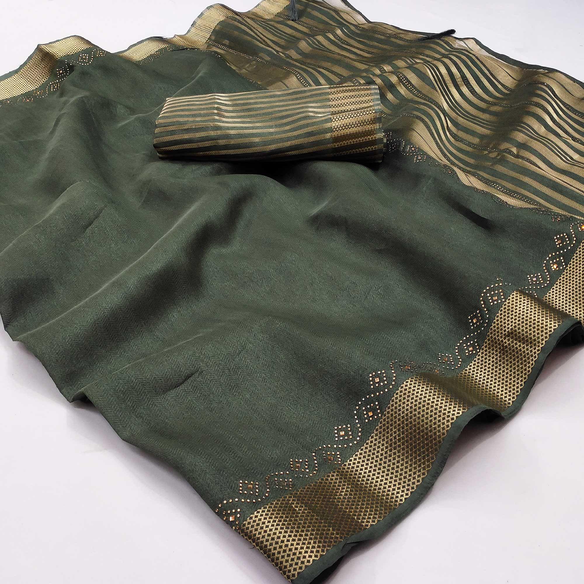 Green Woven With Embellished Cotton Saree - Peachmode