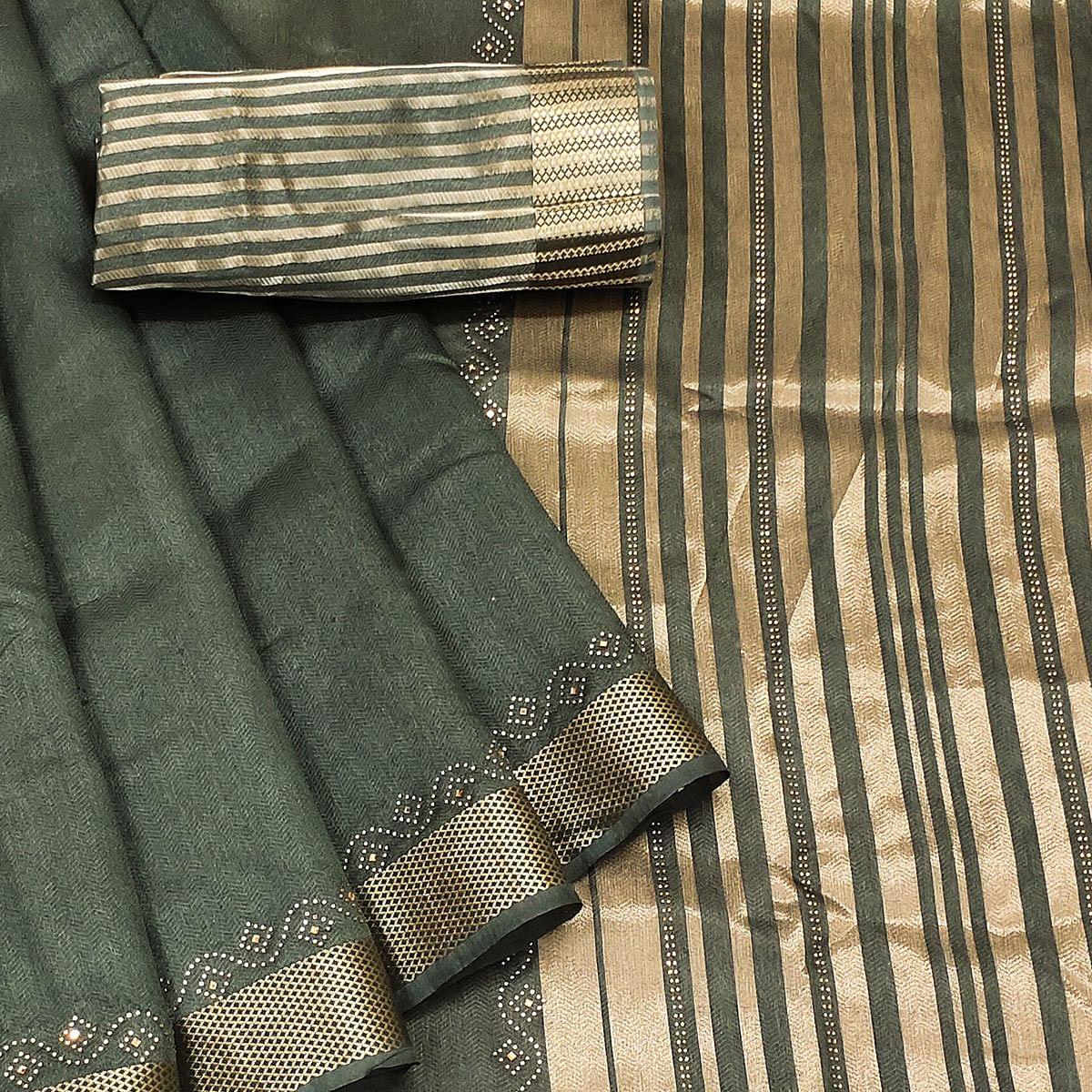 Green Woven With Embellished Cotton Saree - Peachmode