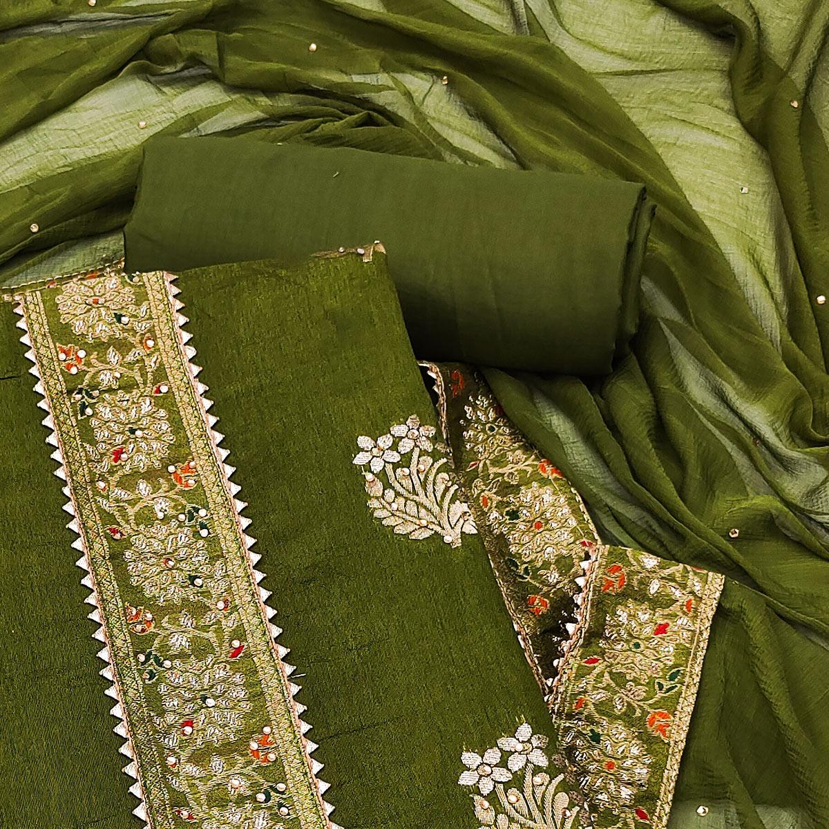 Green Woven With Embellished Jacquard Dress Material - Peachmode