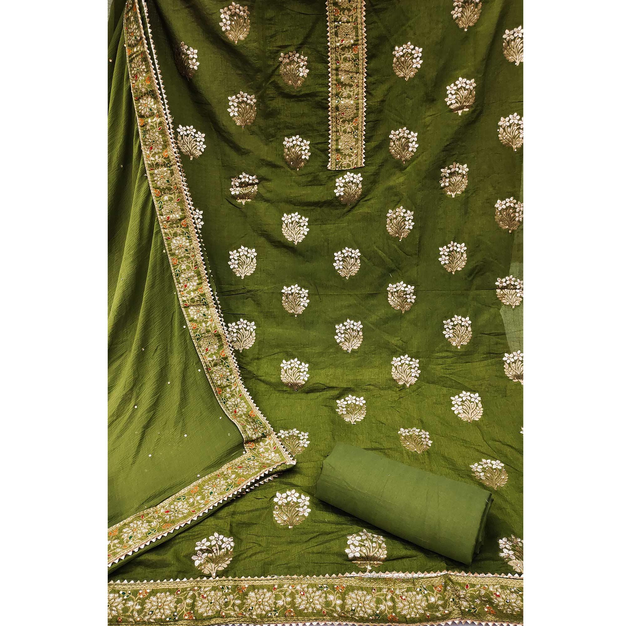 Green Woven With Embellished Jacquard Dress Material - Peachmode