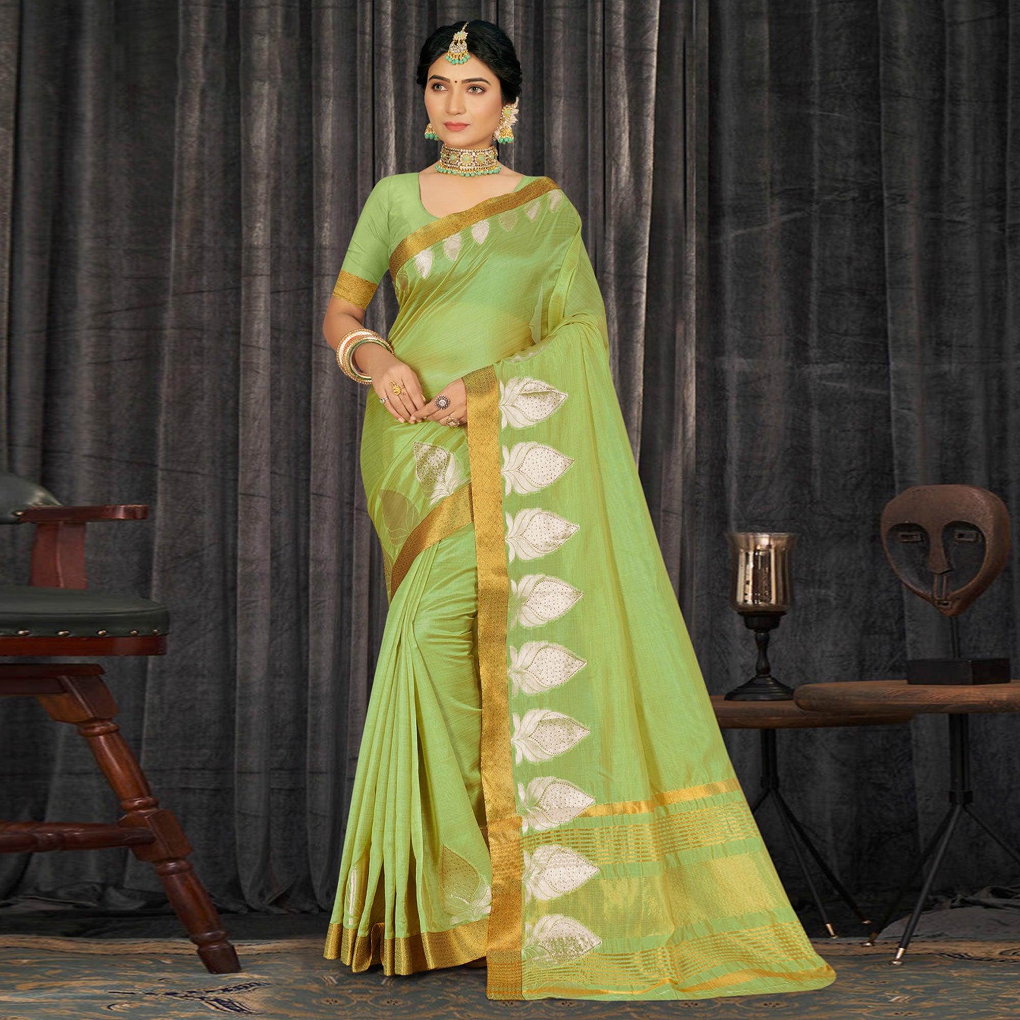 Green Woven With Embellished Poly Cotton Saree - Peachmode