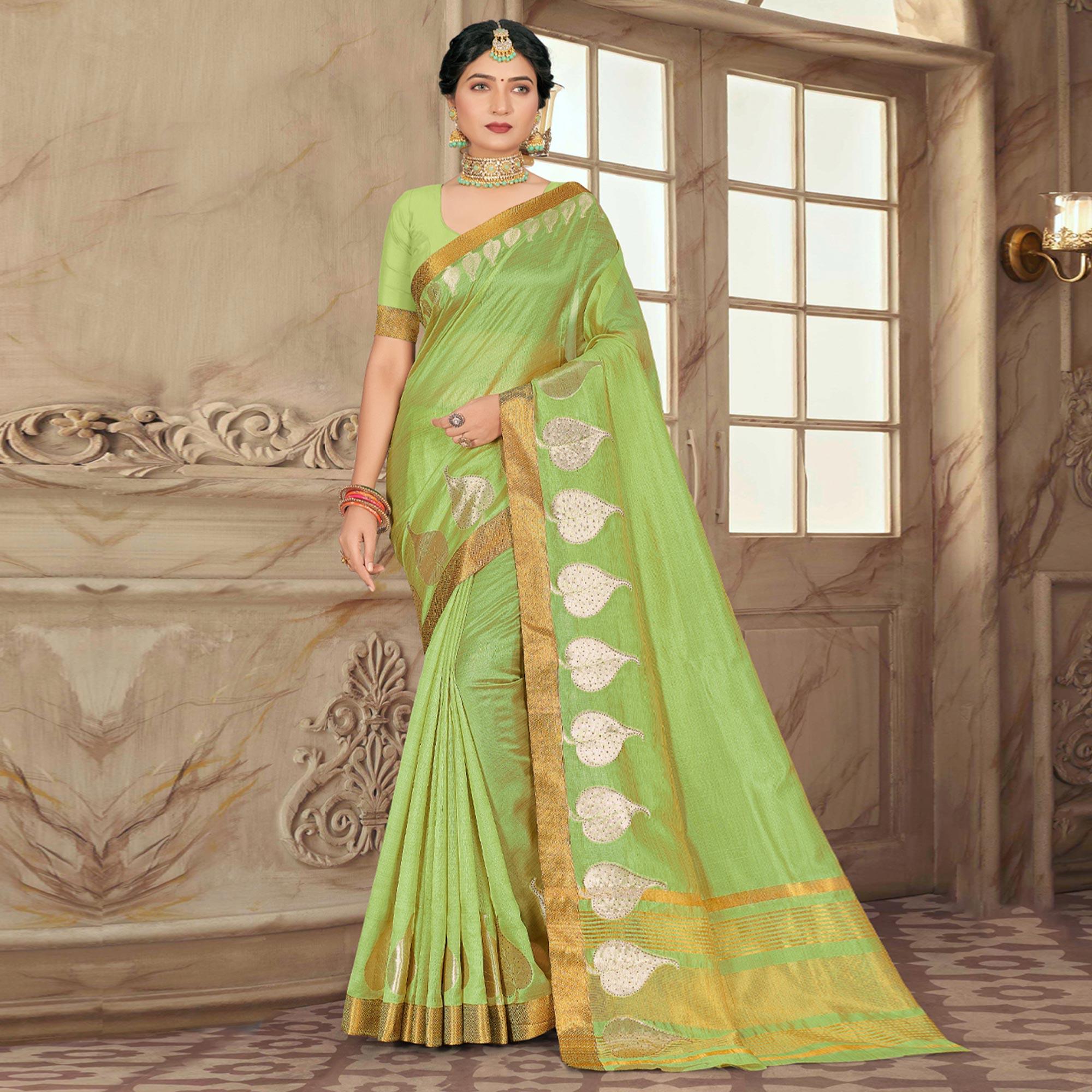 Green Woven With Embellished Poly Cotton Saree - Peachmode