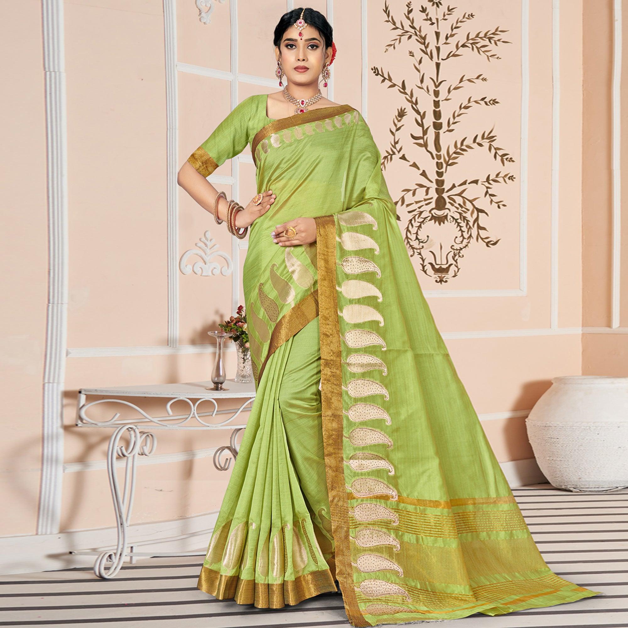 Green Woven With Embellished Poly Cotton Saree - Peachmode