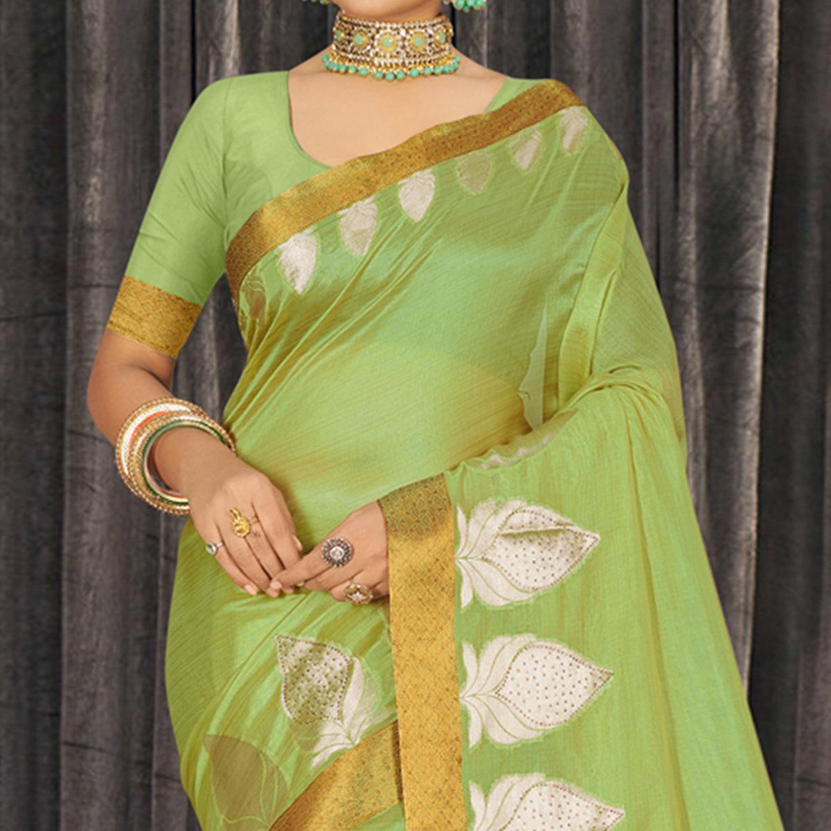 Green Woven With Embellished Poly Cotton Saree - Peachmode