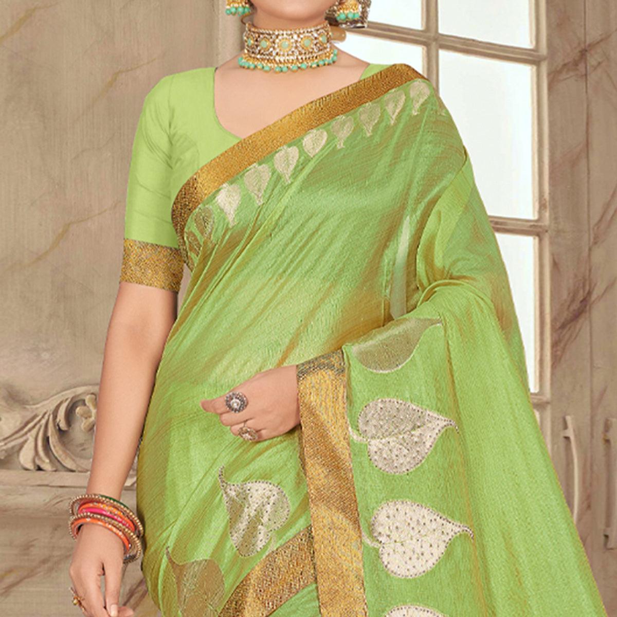 Green Woven With Embellished Poly Cotton Saree - Peachmode