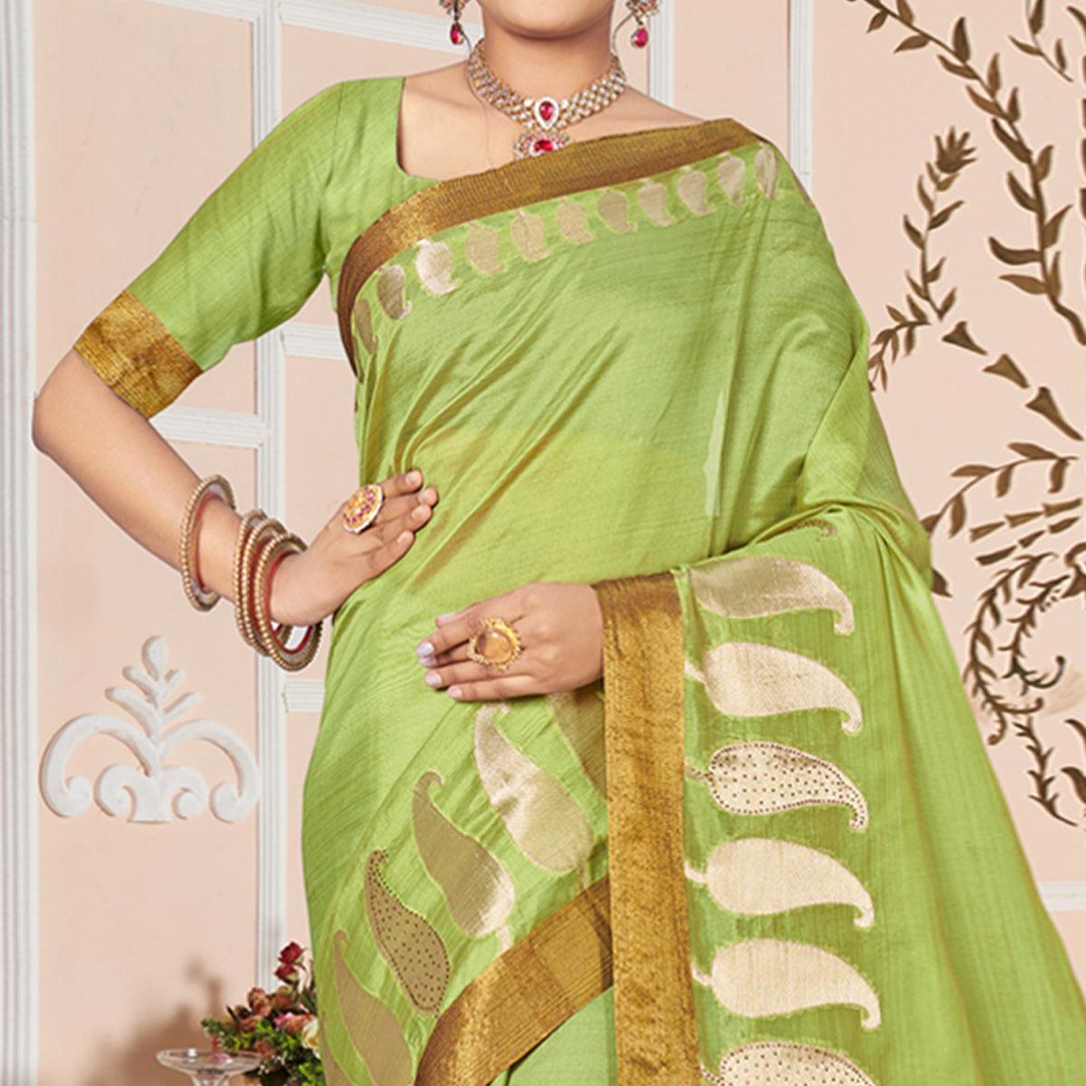 Green Woven With Embellished Poly Cotton Saree - Peachmode