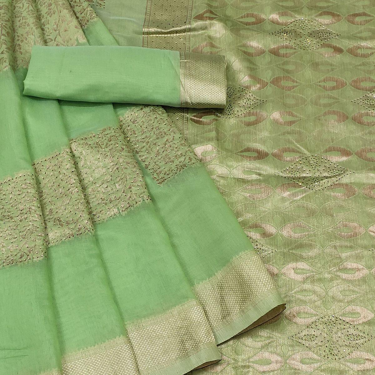 Green Woven With Embellished Pure Cotton Saree - Peachmode