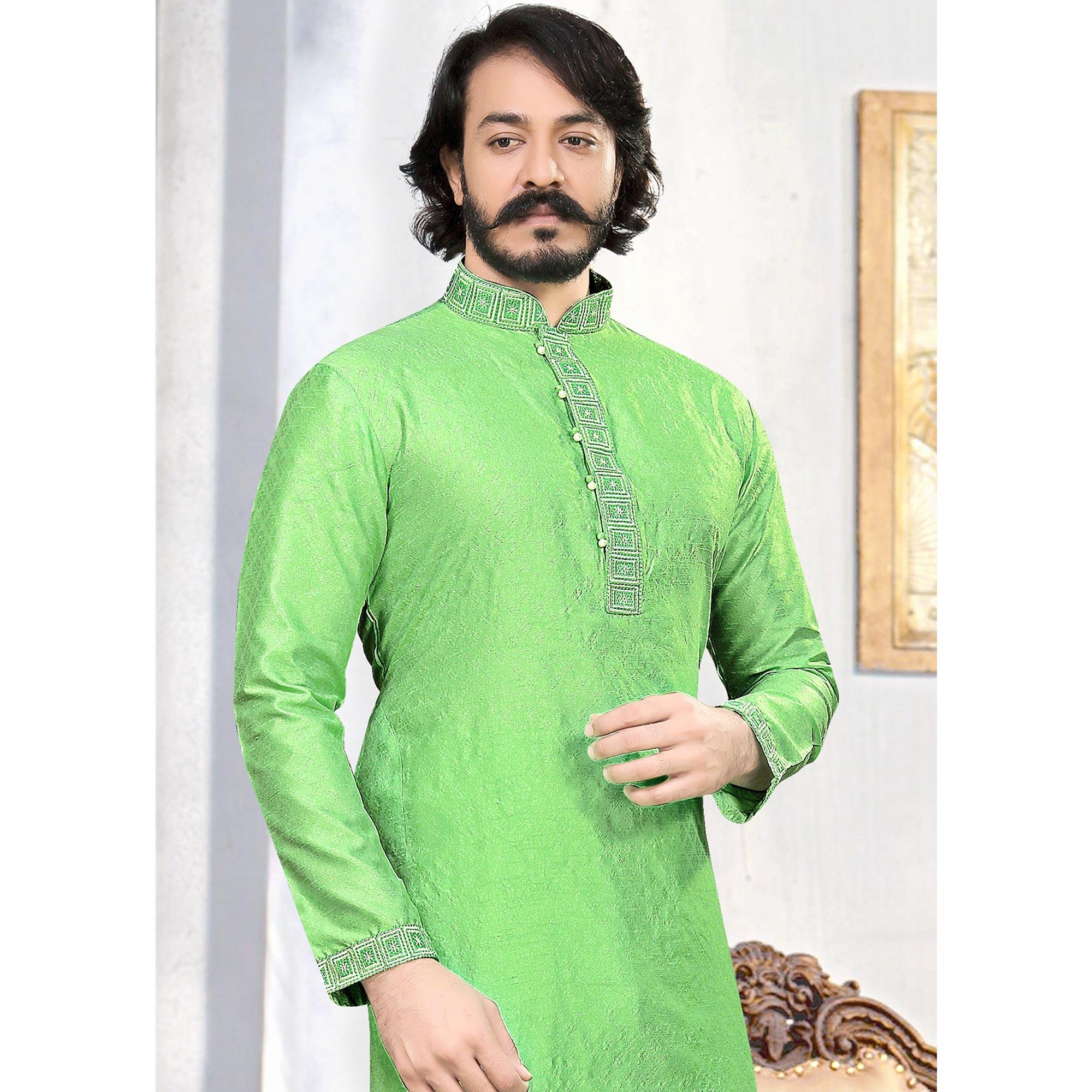 Green Woven With Embroidered Art Silk Mens's Kurta Pyjama Set - Peachmode
