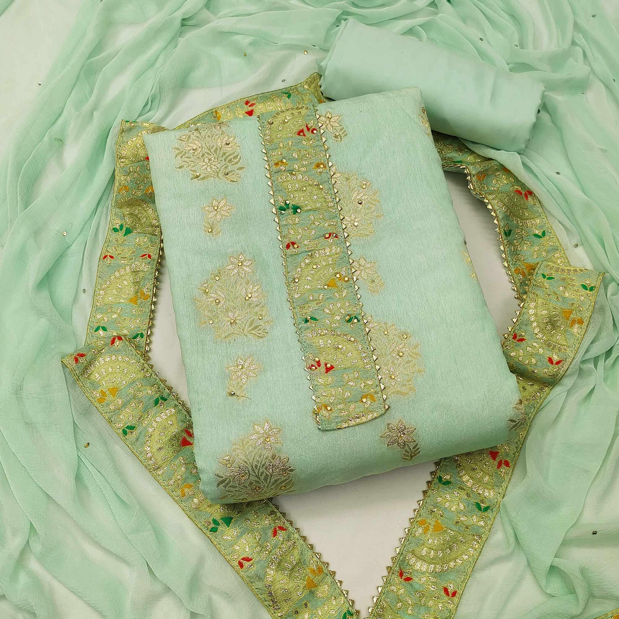 Green Woven With Embroidered Jacquard Dress Material - Peachmode