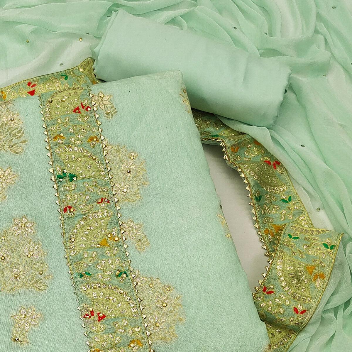 Green Woven With Embroidered Jacquard Dress Material - Peachmode