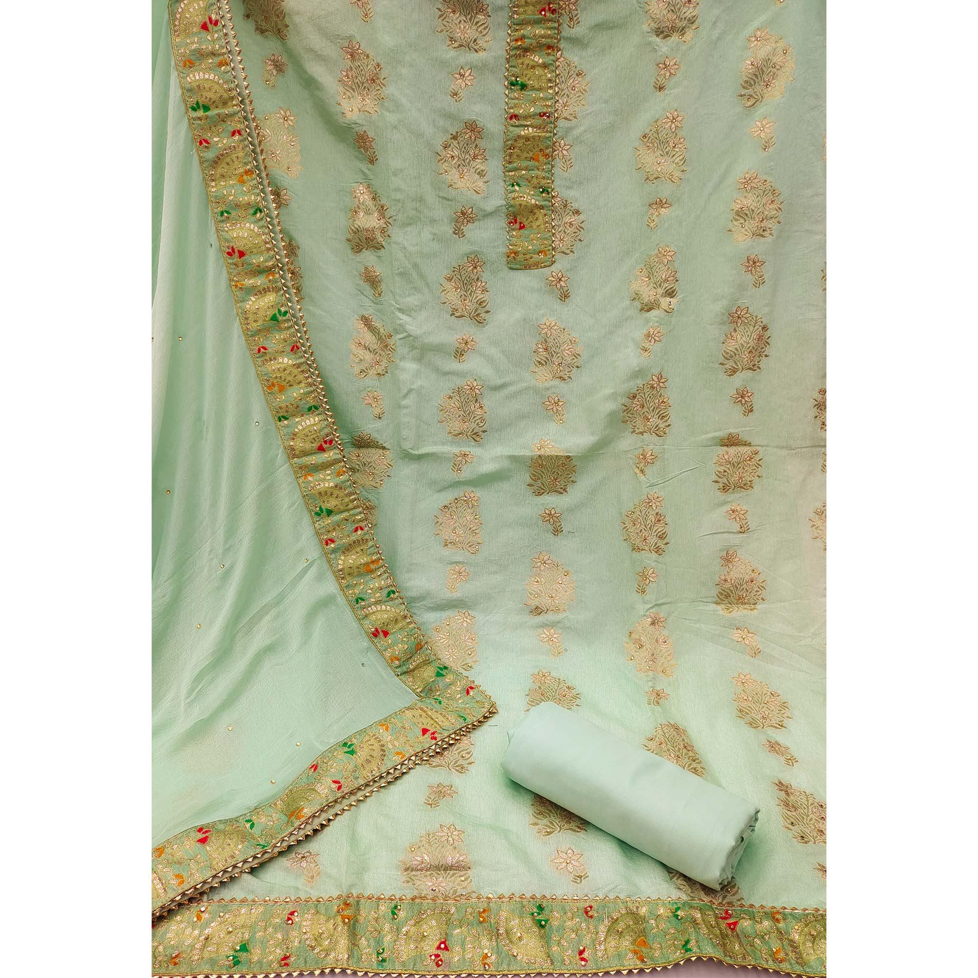 Green Woven With Embroidered Jacquard Dress Material - Peachmode