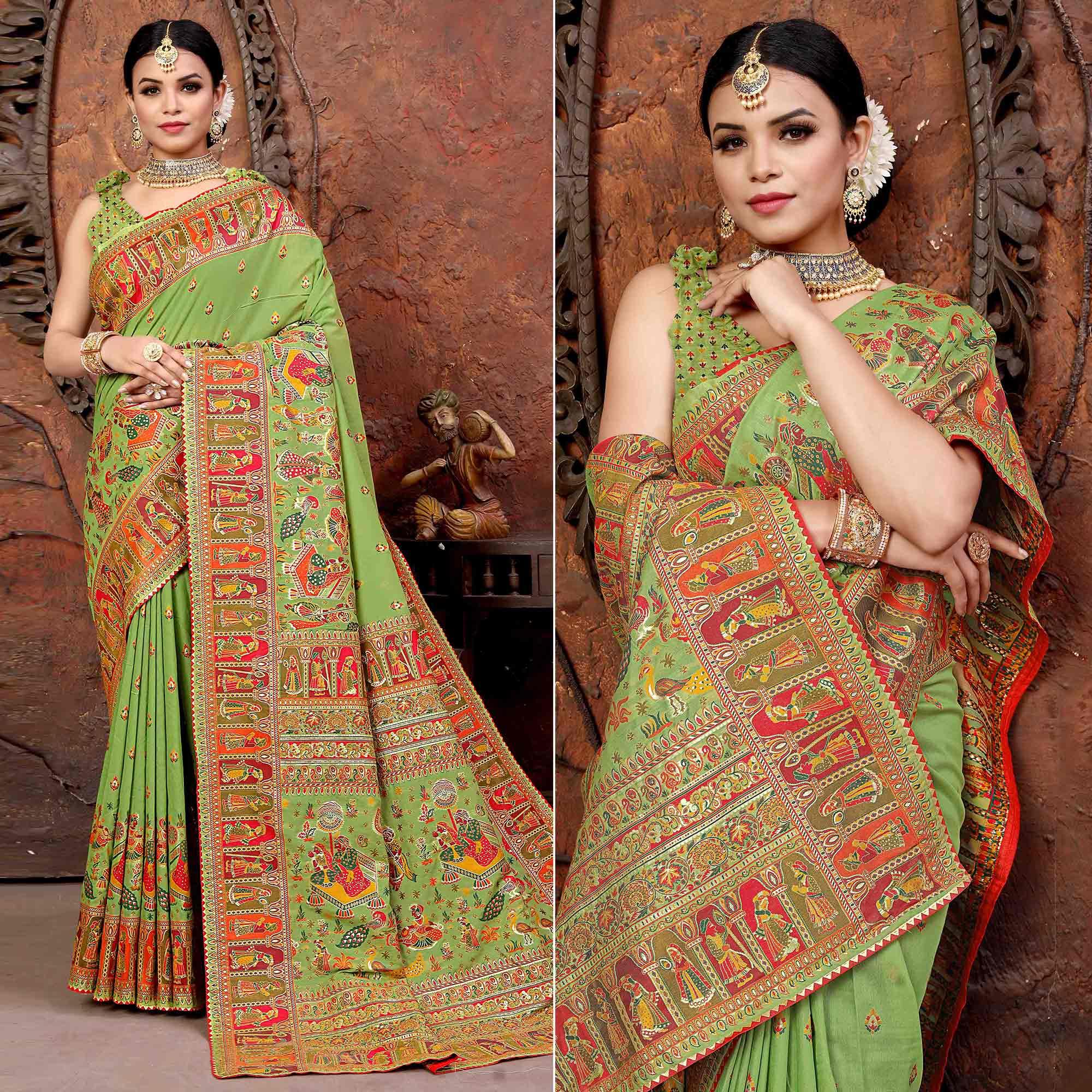 Green Woven With Gota Patti Border Chanderi Saree - Peachmode