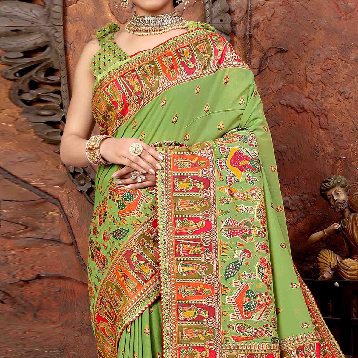 Green Woven With Gota Patti Border Chanderi Saree - Peachmode