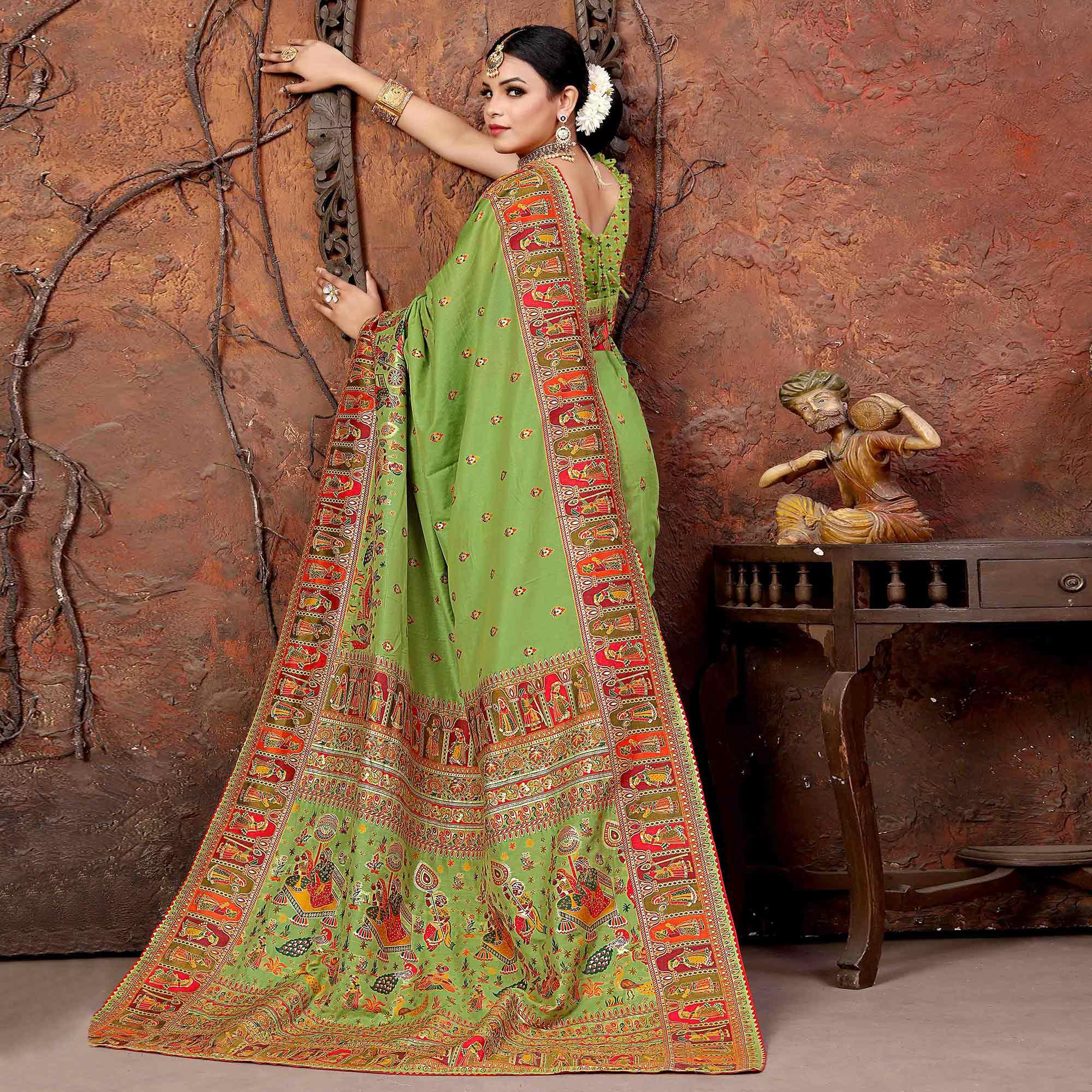 Green Woven With Gota Patti Border Chanderi Saree - Peachmode