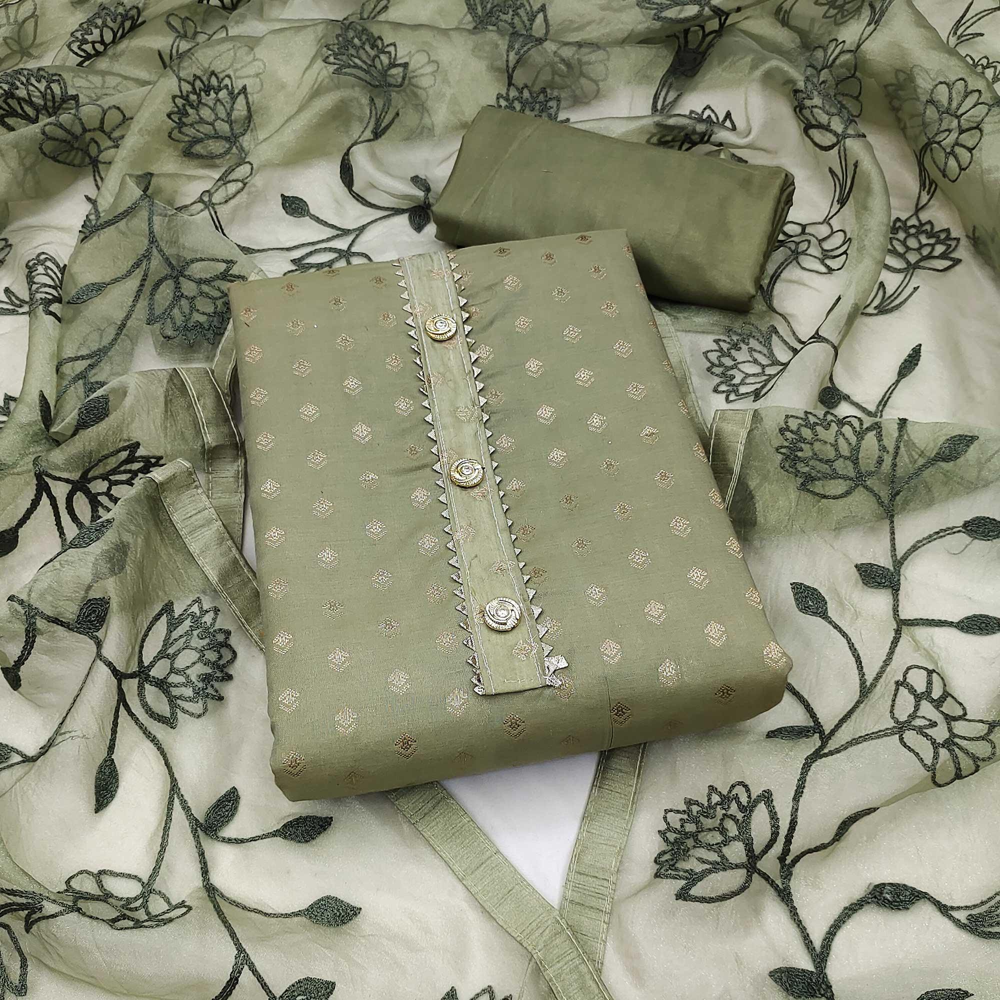 Green Woven With Gota Work Cotton Blend Dress Material - Peachmode