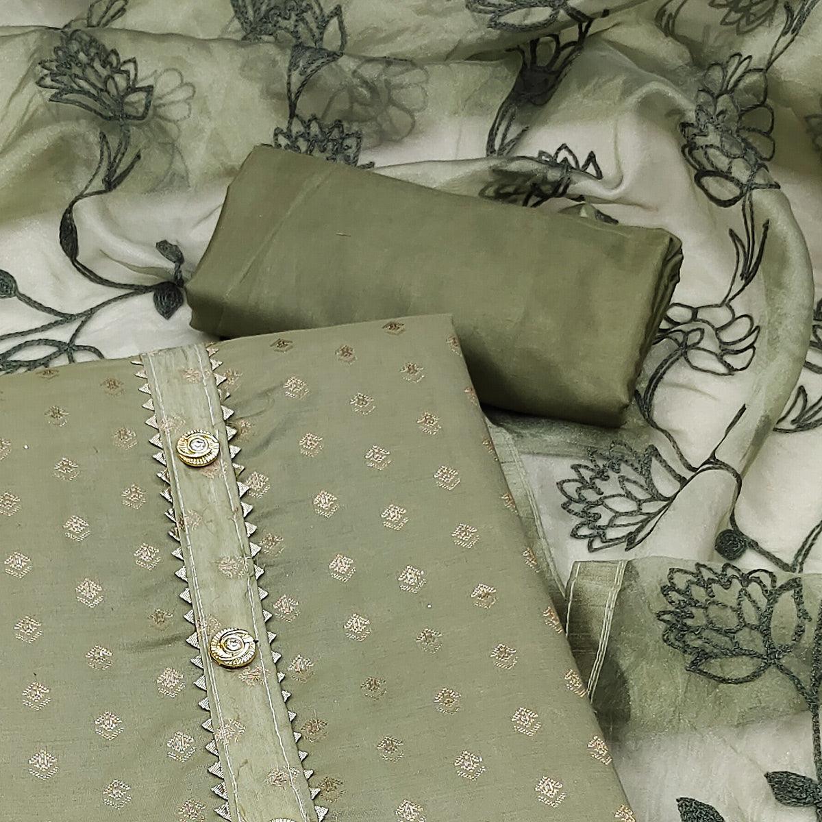 Green Woven With Gota Work Cotton Blend Dress Material - Peachmode