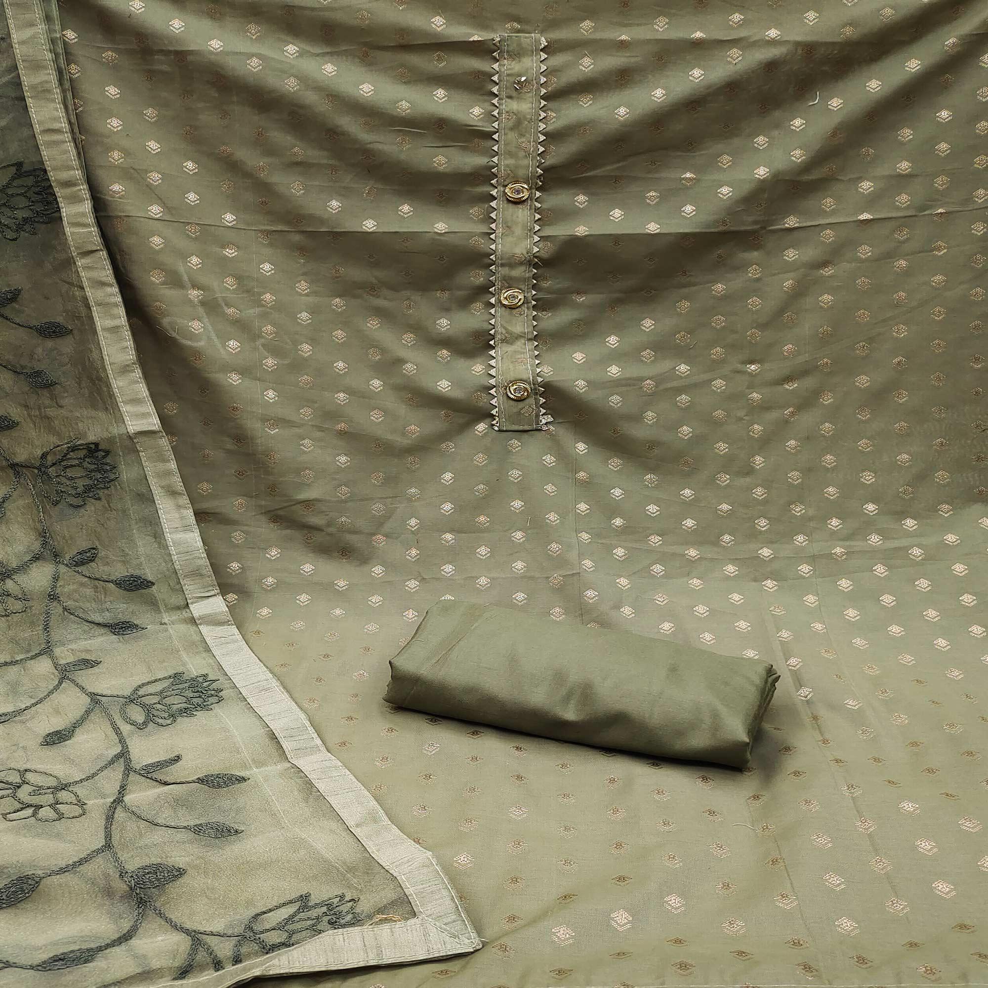 Green Woven With Gota Work Cotton Blend Dress Material - Peachmode